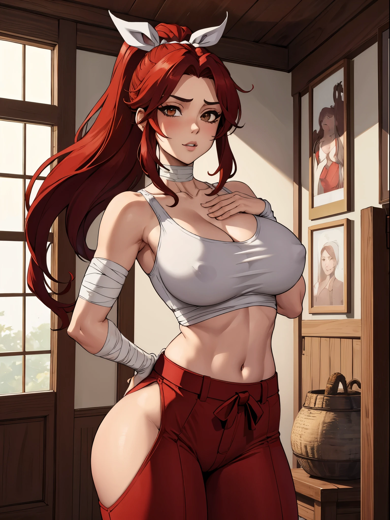 Masterpiece, Best Quality, hight resolution, fairytale, 1girl, hairlong, red hair, pony tail, white ribbon, hair above one eye, Brown eyes, large breasts, clavicle, Huge-breasts, Sarashi's chest, bandage, bare arms, midriff, Red Hakama, wide thighs, big butt, red pants, Cowboy shot, Indoors, Standing, epic pose, Erotica, the wind,