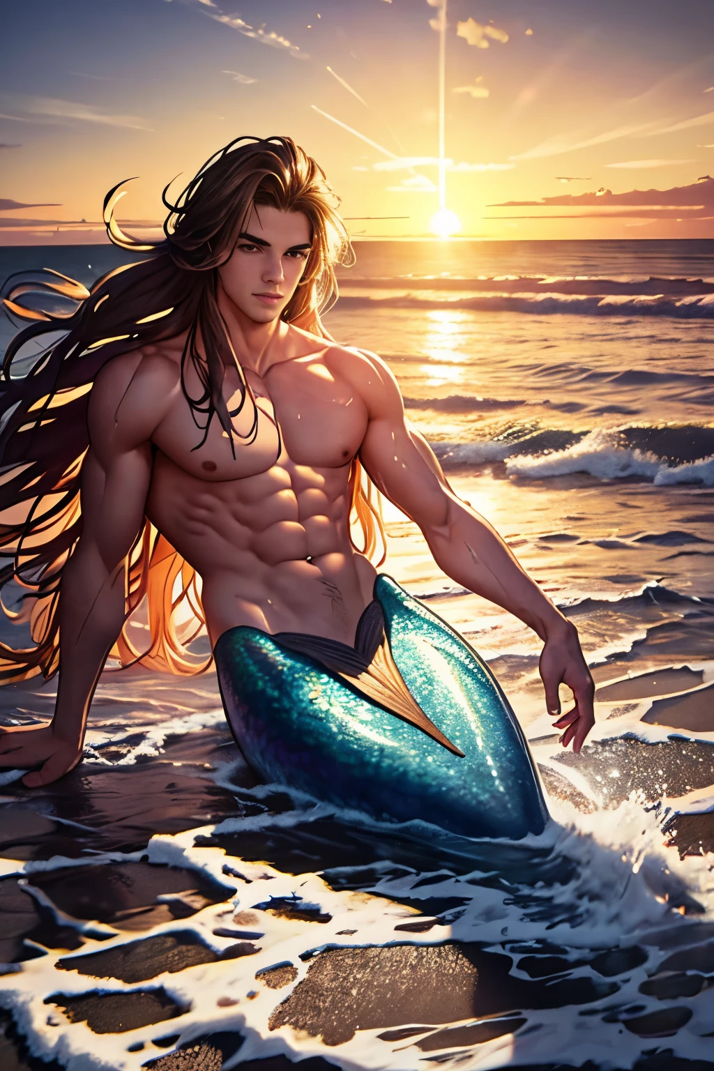 well-built 20-year-old male mermaid, long wet hair, with the sun setting in the background and the waves gently lapping at the shore. The lighting is cinematic, with deep shadows and highlights, 