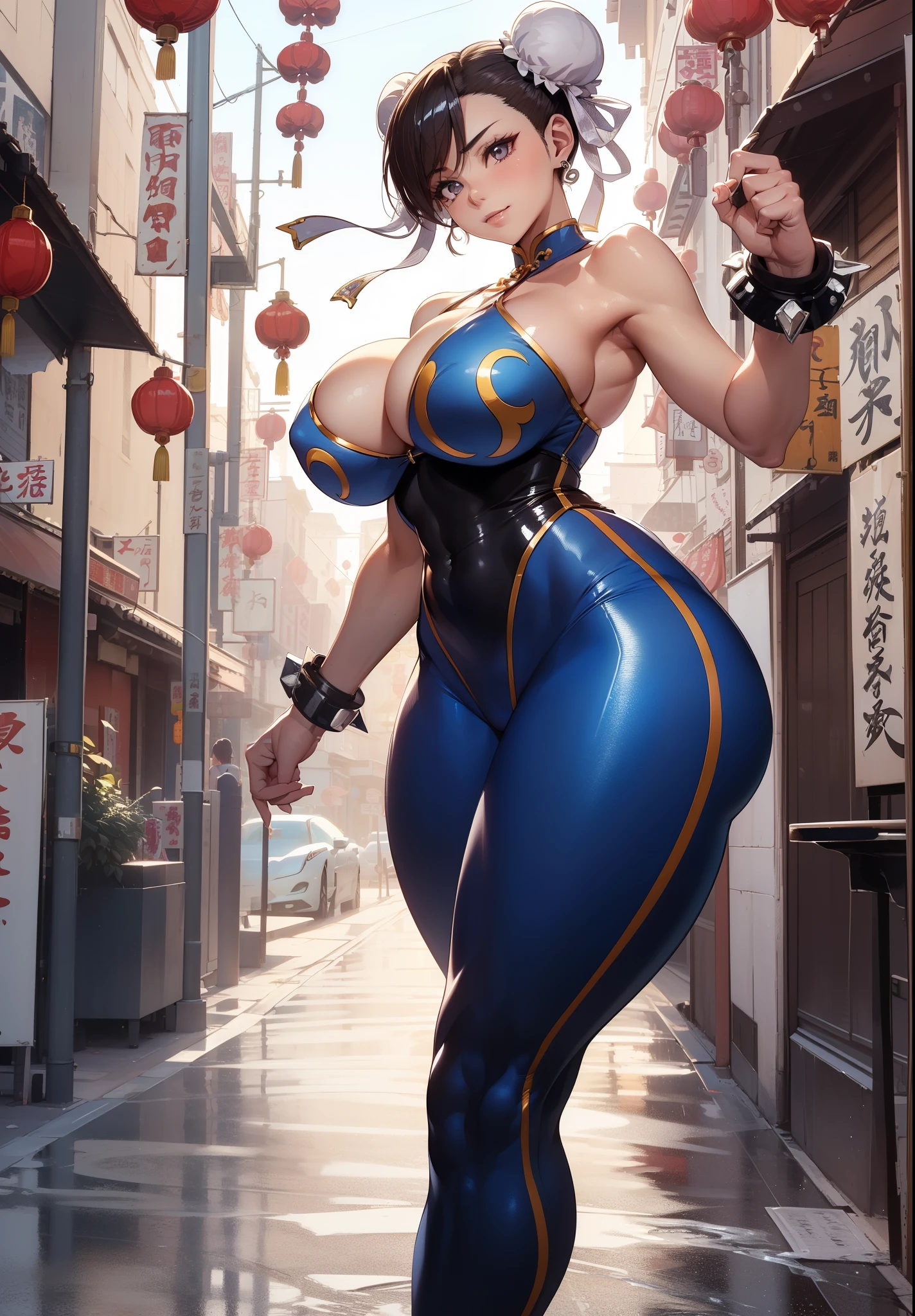 (((Cool beauties、shinny skin:1.5)))(masutepiece), (Best Quality), 8K resolution, Ultra-detailed, ultra-detailliert, Realistic, photograph, Photorealism, ((1woman)), chun li, Chun-Li costume, Perfect body, Smile, Huge breasts, musculature, thick thighs, thick legs, wide hips, big breasts thin waist, ((Chinatown、in fighting、Doing a high kick))