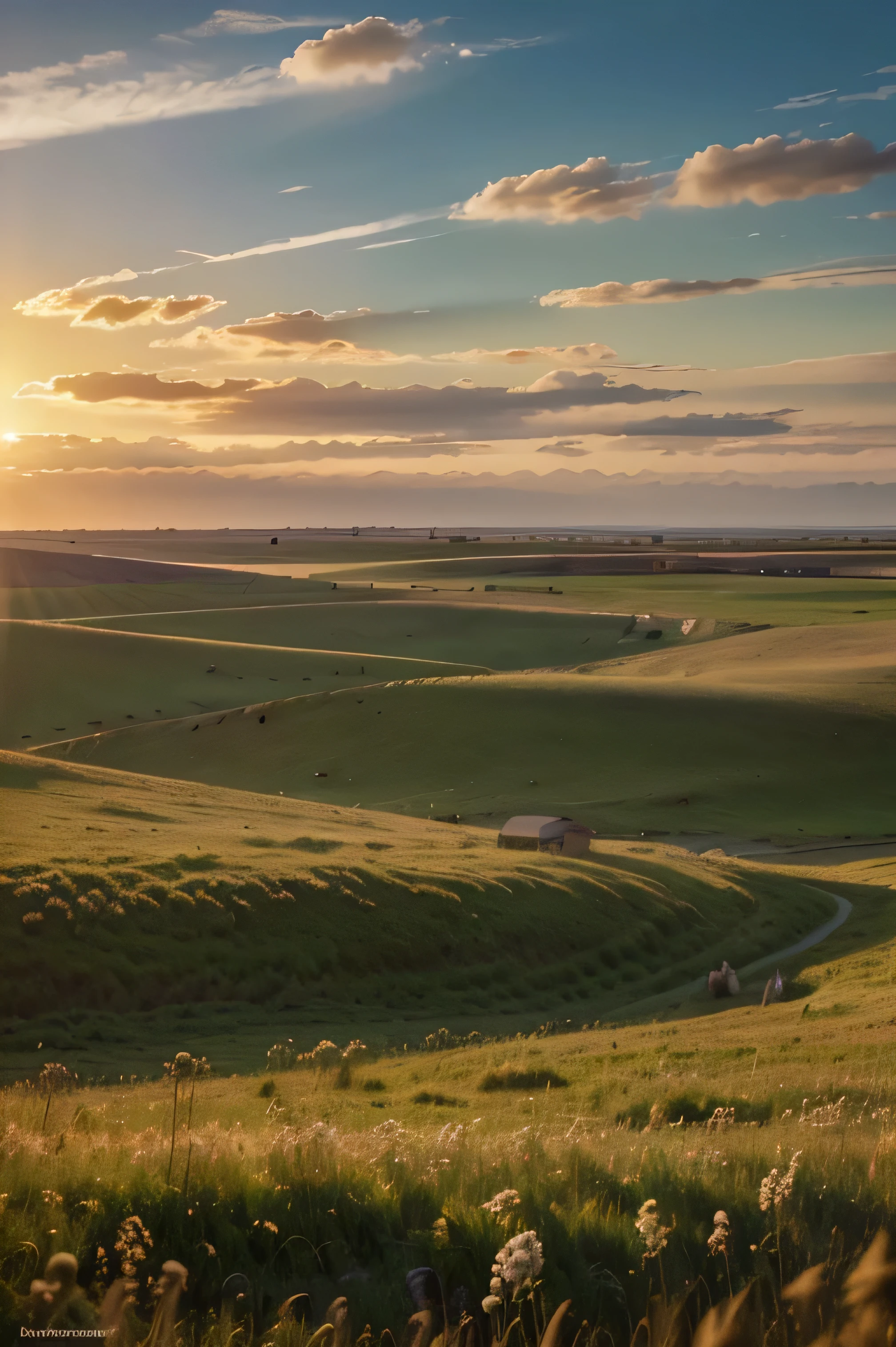 (best quality,4k,8k,highres,masterpiece:1.2),ultra-detailed,(realistic,photorealistic,photo-realistic:1.37),Belarusian plains,wide open scenery,vast fields,rolling hills,endless horizons,breathtaking landscapes,sunlit meadows,colorful wildflowers,gentle breeze,lush green grass,tall wheat fields,scattered farmhouses,crystal clear sky,cotton-like clouds,sunlight casting warm golden glow,serene and peaceful atmosphere,touch of nostalgia