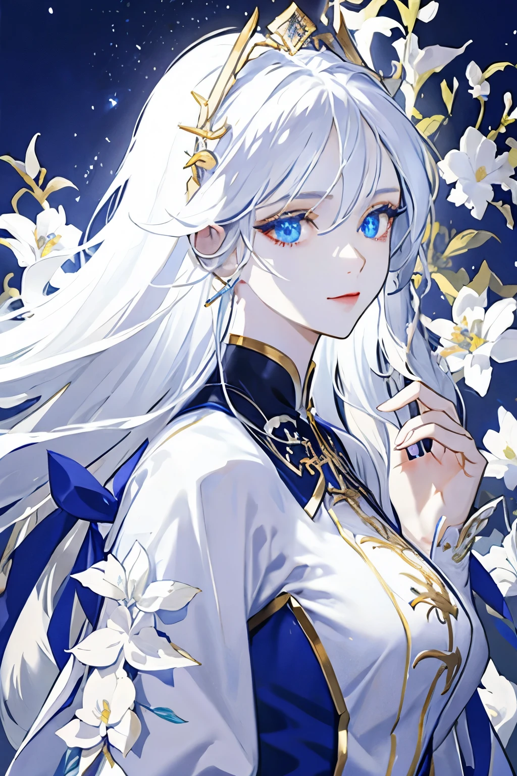 (((masterpiece: 1.2, best quality))), 1 female, ((long white hair)), blue eyes (Gorgeous: 1.4), White Chinese style dress,blue shawl, Gold embroidery,Gold exquisite hair accessories,fantasy, elegant, royalties, Fantastic light and shadow, extremely detailed face, Gentle smile,white flowers,starry sky,close up,big breasts,thin and tall,dark background,Solemn,goddess