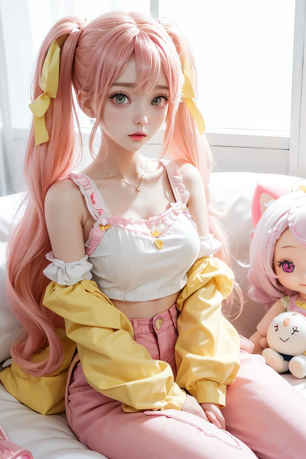 doll with long hair sitting on a white surface holding a pink heart, ball jointed doll, artdoll, rena nounen style 3/4, wavy hair yellow theme, kawaii shirt and jeans, wearing yellow croptop, skydoll noa, dollpunk, dollfie dream, pink twintail hair and pink eyes, pink and yellow, anime barbie doll