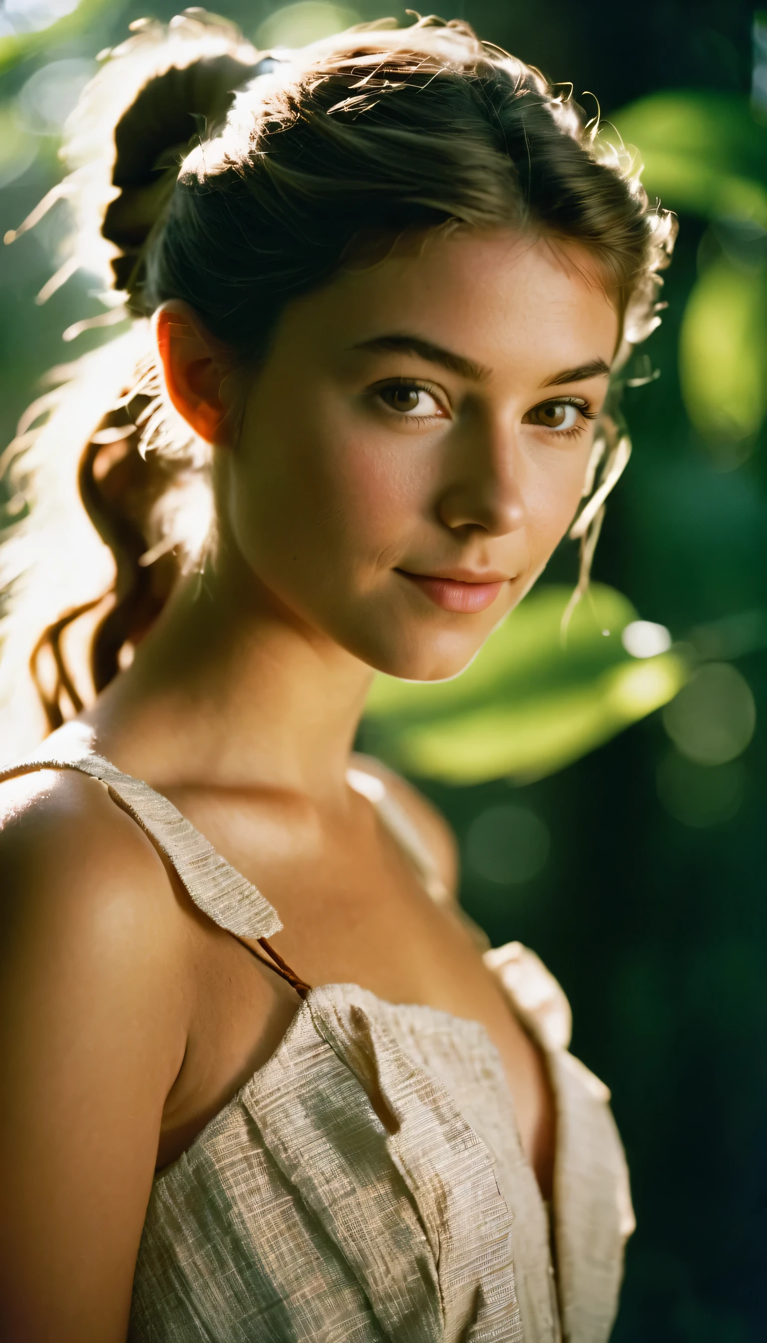 analog film photo, photo of a young girl, 18 years-old, (linen dress:1.1), elf, elf ears, long pointy ear tips, brown eyes, messy ponytail, light-brown sun-tanned skin, pretty, natural beauty, resembles a young Mary Elizabeth Winstead, humid day, tropical rainforest, sweaty glistening off of skin, RAW Photograph, dslr, soft lighting, high quality, film grain, Fujifilm XT3, detailed skin with visible pores, insane details, masterpiece, 8k, 35mm photograph, dslr, kodachrome, faded film, desaturated, 35mm photo, grainy, vintage, Kodachrome, Lomography, stained, highly detailed, found footage, full-body, elven ears