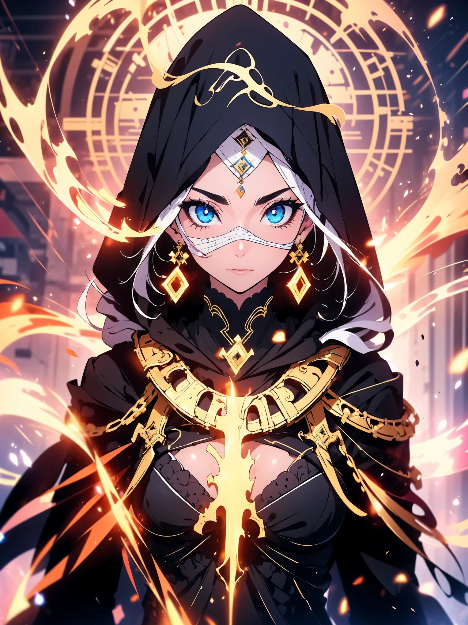"(Mejor calidad,high resolution),primer plano de la cara de una momia,covered in bandages with golden hieroglyphs,(detallado:1.1),(colores vivos e intensos:1.1),(realista:1.1) graphic art style,Espantoso,cuencas de los ojos con brillantes ojos dorados,detallado wrinkles, Dark circles under the eyes."