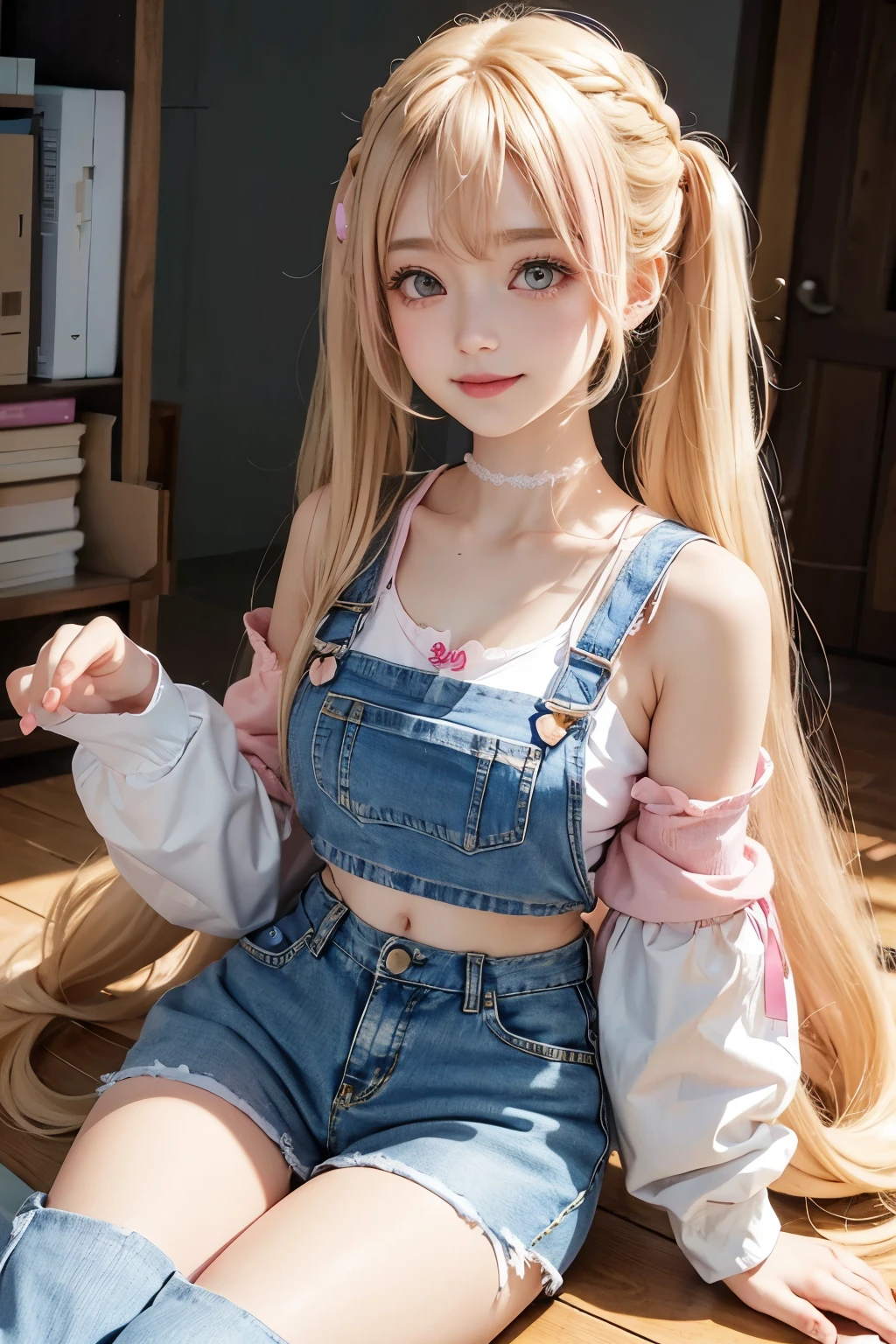 doll with long hair sitting on a white surface holding a pink heart, ball jointed doll, artdoll, rena nounen style 3/4, wavy hair blonde drown yellow theme, kawaii shirt and jeans, wearing yellow croptop, skydoll noa, dollpunk, dollfie dream, pink twintail hair and pink eyes, pink and yellow, anime doll, smiling cute expression