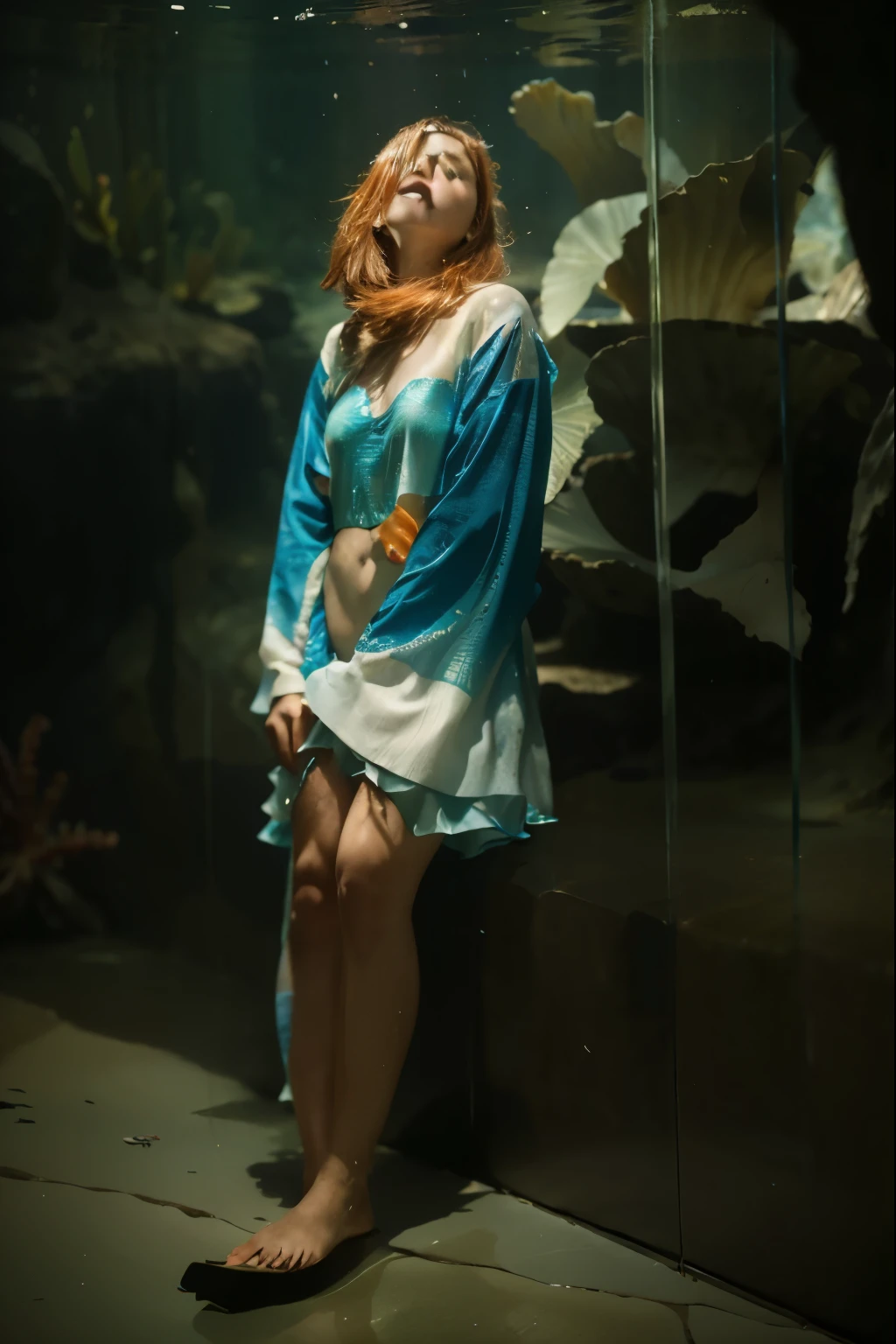 (Best quality, 8k, 32k, Masterpiece, UHD:1.2), (Best quality, 8k, 32k, Masterpiece, UHD:1.2) ,"Transform the image into an underwater aquarium scene teeming with vibrant marine life. Depict a diverse array of fish species swimming gracefully amidst colorful coral reefs and swaying underwater plants.
Fill the scene with a dazzling variety of tropical fish, including vividly colored clownfish, elegant angelfish, graceful seahorses, and majestic lionfish. Let their scales shimmer and glint in the dappled sunlight filtering through the water, creating a mesmerizing display of color and movement.
Incorporate other fascinating sea creatures into the scene, such as playful dolphins, sleek sharks, and curious sea turtles. Show them interacting with their environment, darting between coral formations and exploring hidden caves and crevices.
Capture the dynamic energy of the underwater world with swirling currents and rippling water effects. Use soft, diffused lighting to create a sense of depth and dimension, illuminating the vibrant colors and intricate details of the marine life.
Create a sense of tranquility and wonder, evoking the feeling of being immersed in an underwater paradise. This will result in a captivating artwork that transports viewers to the magical realm of the ocean depths."