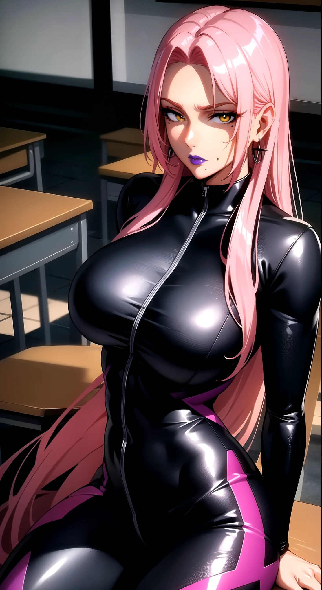 (masterpiece, High resolution, highest quality:1.3), 8K, very detailed, Complex, colorful, vivid images, sharp focus, digital blending, 4K, Popular on Pixiv in Grid, ((tight suit)), alone, mature woman, 40 years old, mature woman, winding, (shallow black skin woman:1.15), black skin, pose on top, classroom, table, Chair, sitting, (Expressionless:1.2), view viewer, cowboy shot, pink hair, very long hair, amount, hair intake, purple lipstick, compensate, mole under mouth, yellow eyes, perfect eyes, perfect face, super detailed hair, super detailed face, earrings, super detailed lips, big breasts, Ultra fine lipstick, 