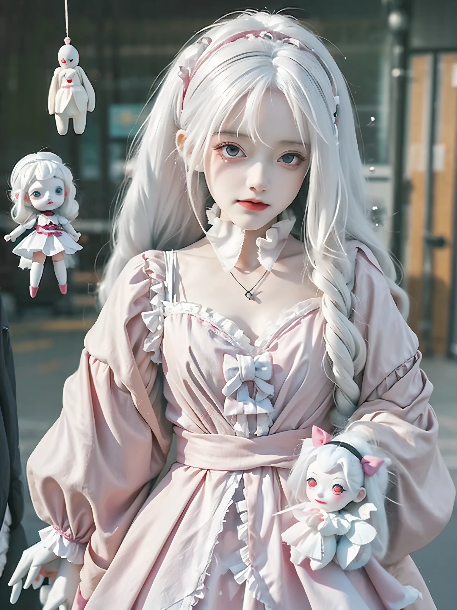 there is a doll with a white hair and a pink dress, artdoll, ball jointed doll, doll phobia, ooak, sad clown girl, sad marionette puppet, patchwork doll, pale young ghost girl, cute pocelain doll, doll in hand, realistic cloth puppet, creepy masked marionette puppet, goth clown girl, with haunted eyes and curly hair