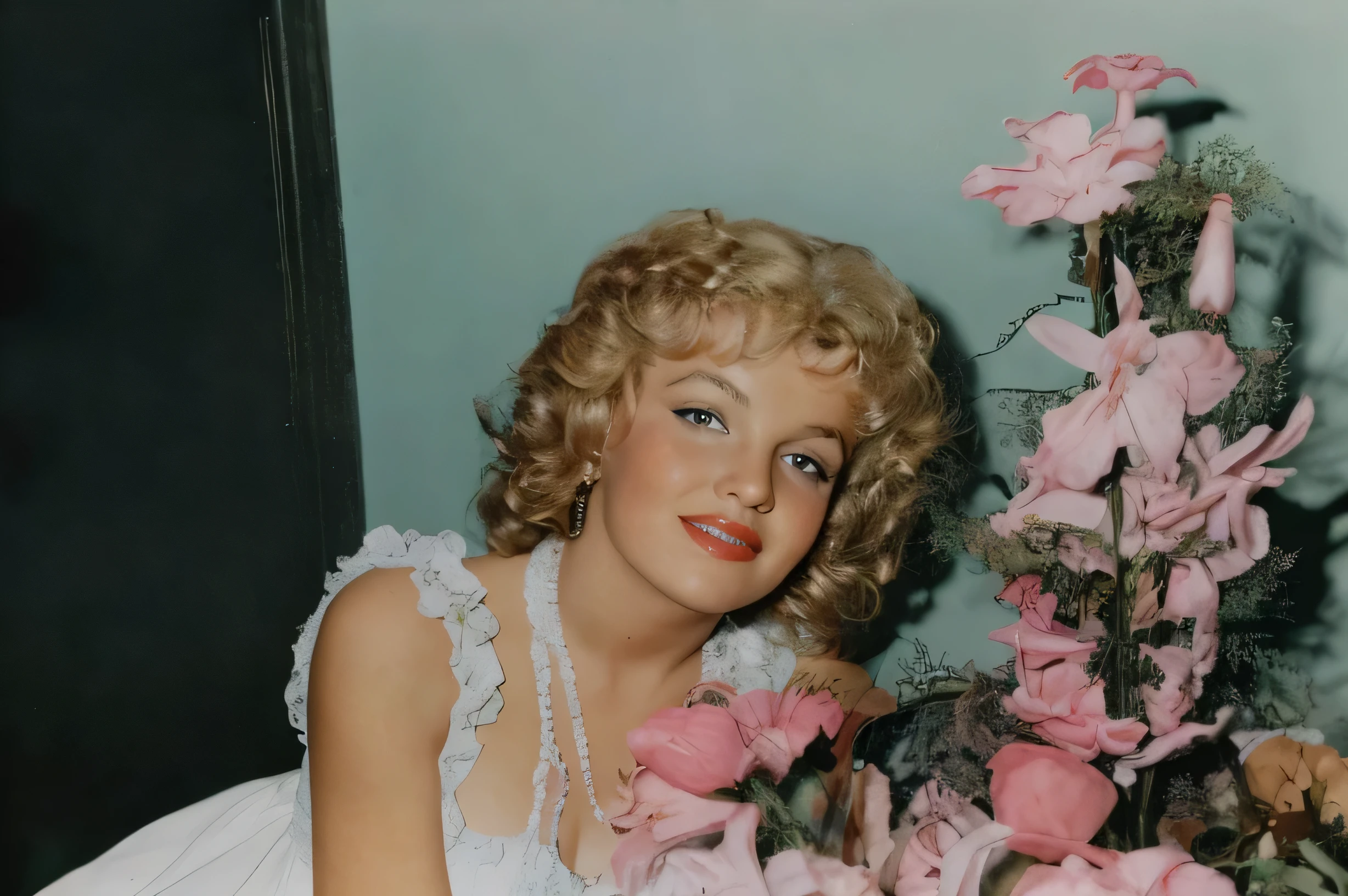There is a doll that is sitting next to a tree, a foto coloreada, young parton doll portrait, foto coloreada, young parton doll, old color photograph, Foto coloreadagraph, figura de cera, pretty girl, vintage color photo, chica de pelo rubio corto y rizado, coloreada 1 9 0 4 foto, award winning foto coloreada, cara como marilyn monroe, hermosa bastante joven