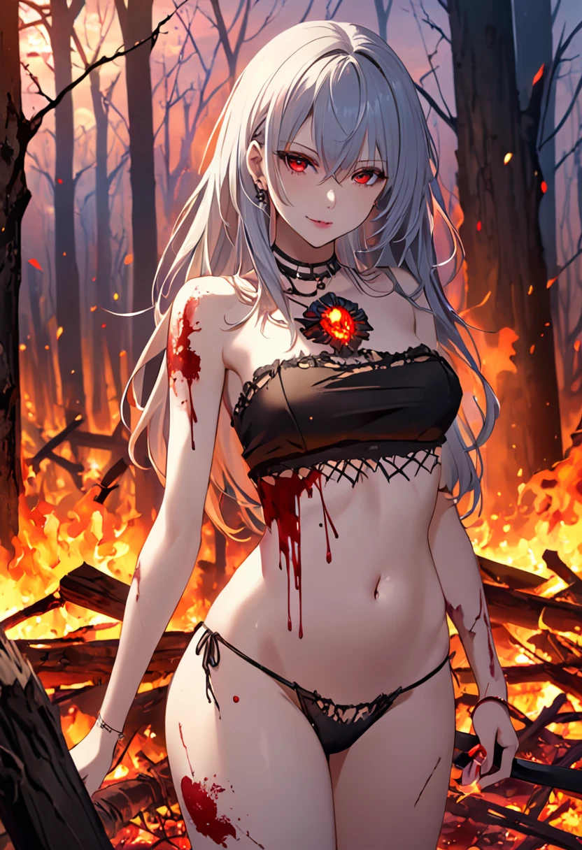 1 GIRL, WHOLE BODY, (BEST QUALITY), ROTTEN BODY, SEXI BODY, RIPPED CLOTHES, SMALL TORN BLOUSE, BELLY SHOWN, RIGHT ARM WITHOUT MEAT ONLY BONE, SMALL SICKLE IN HAND, SICKLE DIRTY WITH BLOOD, PALE SKIN, RED EYES NEON, LOOK OF PLEASURE, JUST KILLED A VICTIM, LONG HAIR, BANGS BETWEEN THE EYES, LOCKS OF HAIR ON FIRE, WOUNDS ON THE BODY, ANIME STYLE, BONES SHOWING, GODDESS OF DEATH, BODIES IN THE BACKGROUND, BODIES BURNING IN THE BACKGROUND , DESTROYED FOREST IN THE BACKGROUND , BLOOD EVERYWHERE, BODIES EVERYWHERE SKULL
