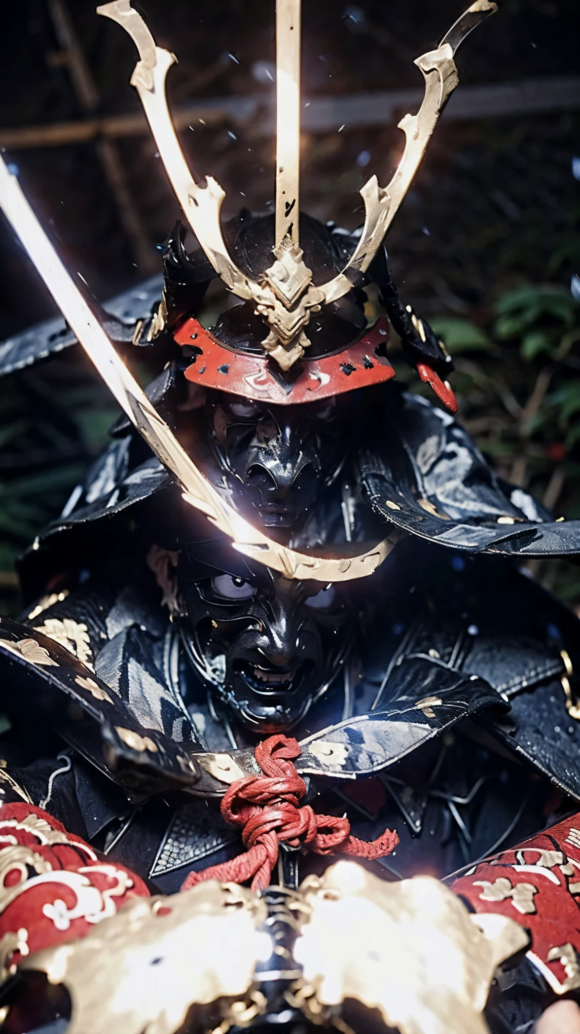 fallen samurai,ascuas,gloomy and creepy atmosphere,red samurai,dramatic lighting,Armadura roja agrietada, Detalles intrincados,Una batalla perdida,Gloria que se desvanece,sombras fantasmales,fondo brumoso,Face under the mask,Casco majestuoso,Una figura,humo ascendente,Destino condenado,gloomy ruins,majestic composition,Honor militar,soledad,Firefighting,Una presencia siniestra,ceniza y humo,Tierra ensangrentada,Armadura desgastada,determination,Glifo de coraje,The end of the samurai era,Un campo de batalla devastado, parado en medio del campo de batalla [paleta de colores apagados],[tonos tenues],[Intrusive atmosphere:0.9]