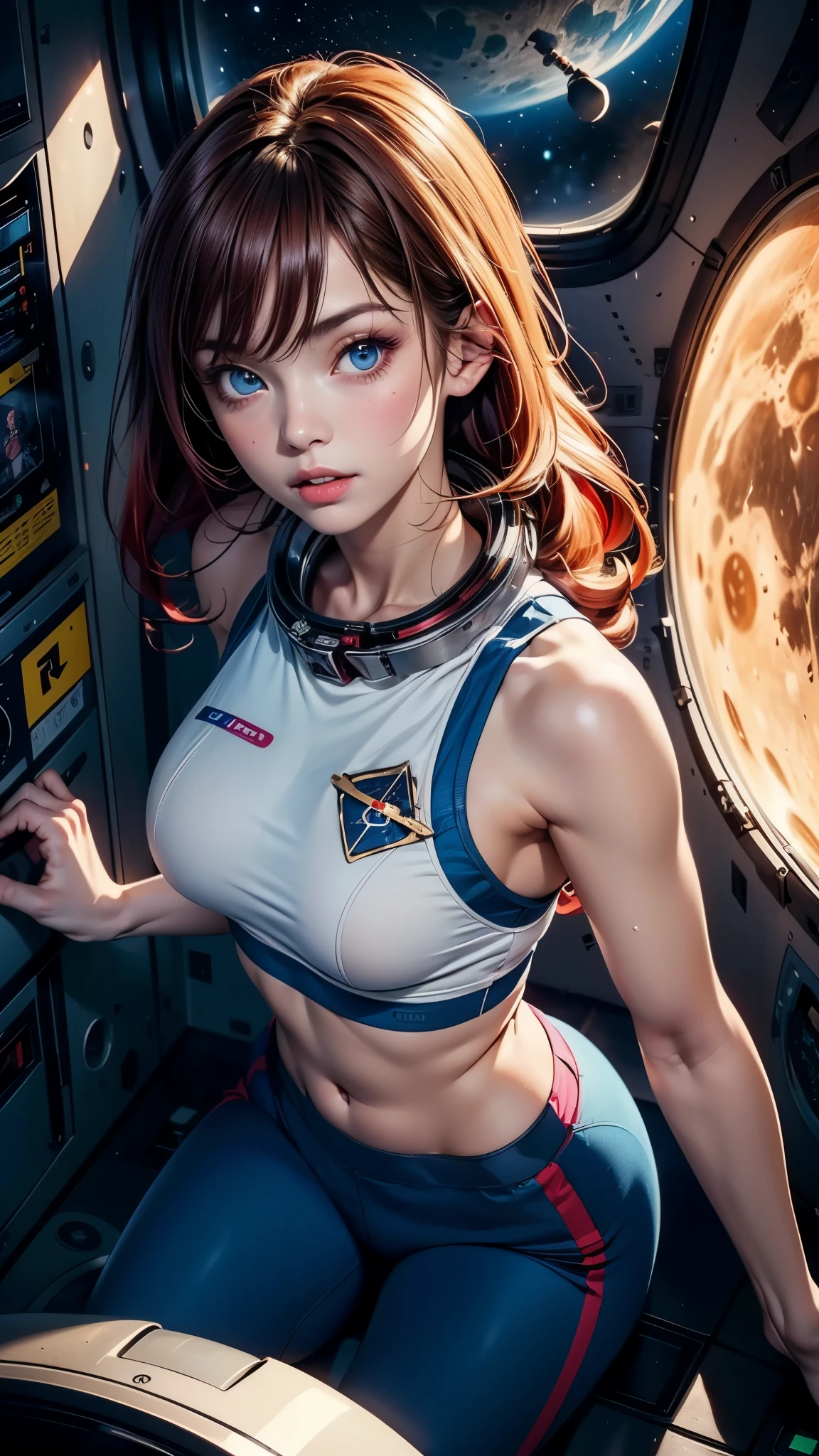 (((high angle shot, full frontal shot)))(best quality, 4k,8k,highres,masterpiece:1.2), ultra-detailed,realistic:1.3, pretty anime woman,perfect anime eyes,((35 years old woman)),seductive gaze((blue eyes)), she is ((a russian cosmonaut)) inside a room in a spaceship orbiting the moon, wearing(((tech_astronaut_pants))) and a sports bra, ((white pearl skin)), long red curly hair to the shoulders, luscious lips, anime style, (natural breasts:1.3)