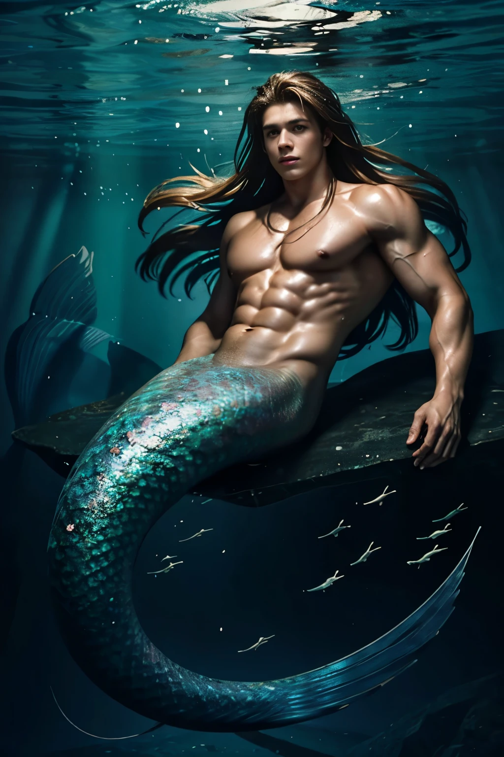 well-built 20-year-old male mermaid, long wet hair, under the ocean and a lot of fish in the background. The lighting is cinematic, with deep shadows and highlights, 