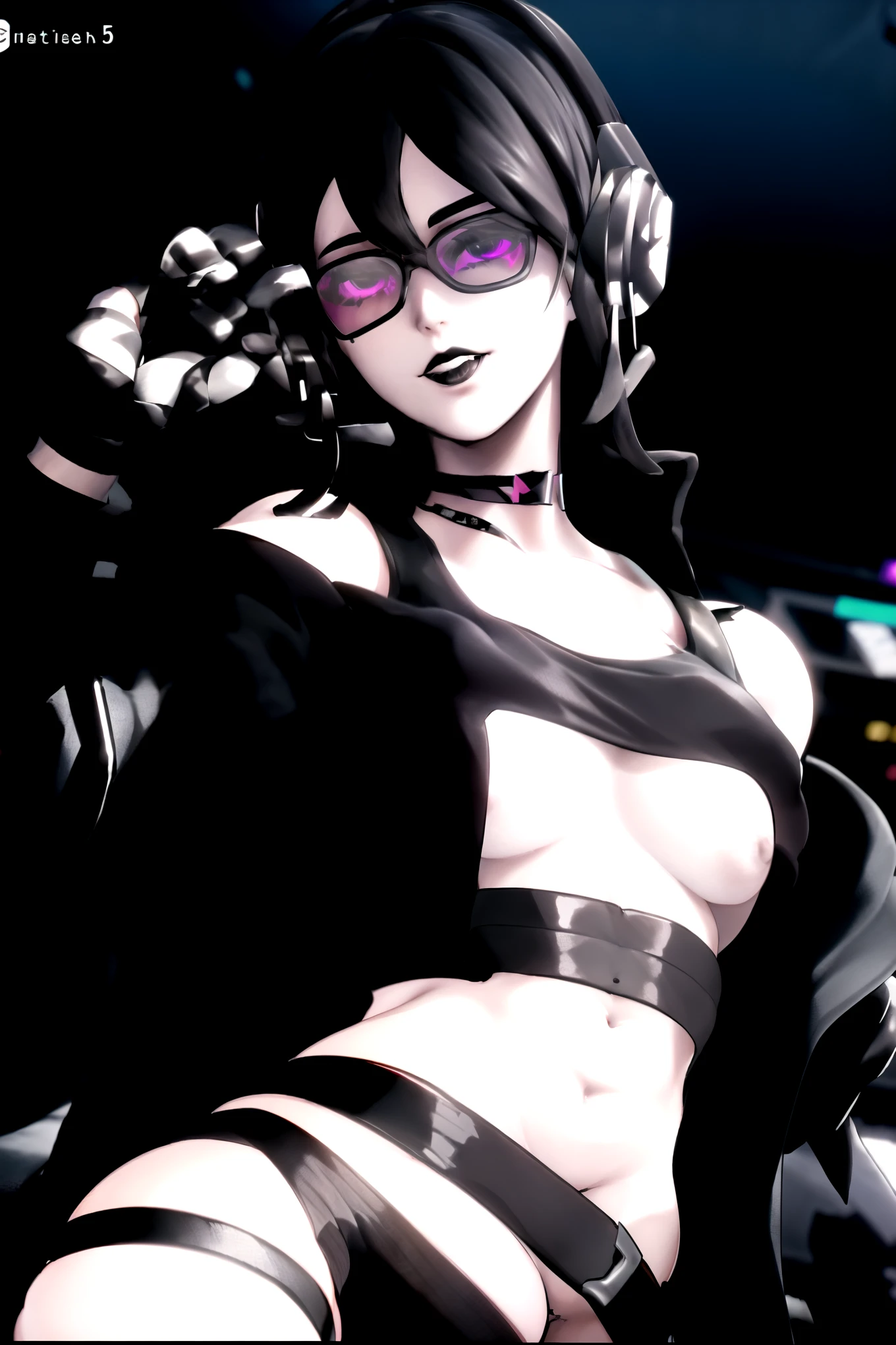 1girl, black hair,, glasses, goth, choker, 3d render, white shirt, off shoulder, cyberpunk, neon lights, opalescent, horror_\(theme\), headphones, belts on crop top,large breasts, thick thighs, 