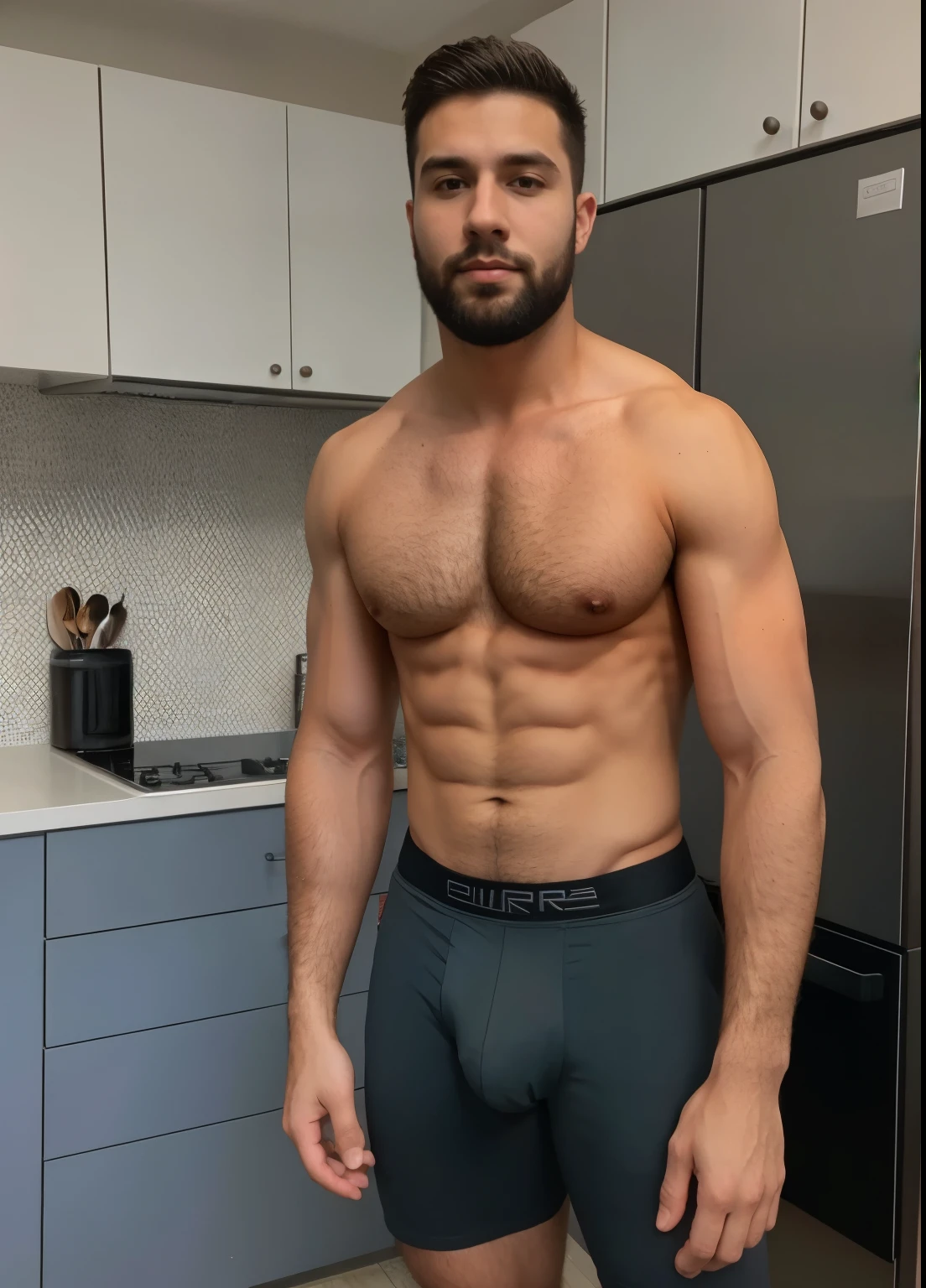 um homem nu, com penis gigante parado em uma cozinha, mid shot of a handsome guy, peito peludo and corpo peludo, peito peludo, partially male torso peludo, bare peito peludo, gigachad muscular, musculoso, peito peludo, torso peludo, corpo peludo, masculino sexy, strong masculine traits, corpos peludos, attractive musculoso man, corpo robusto e atarracado