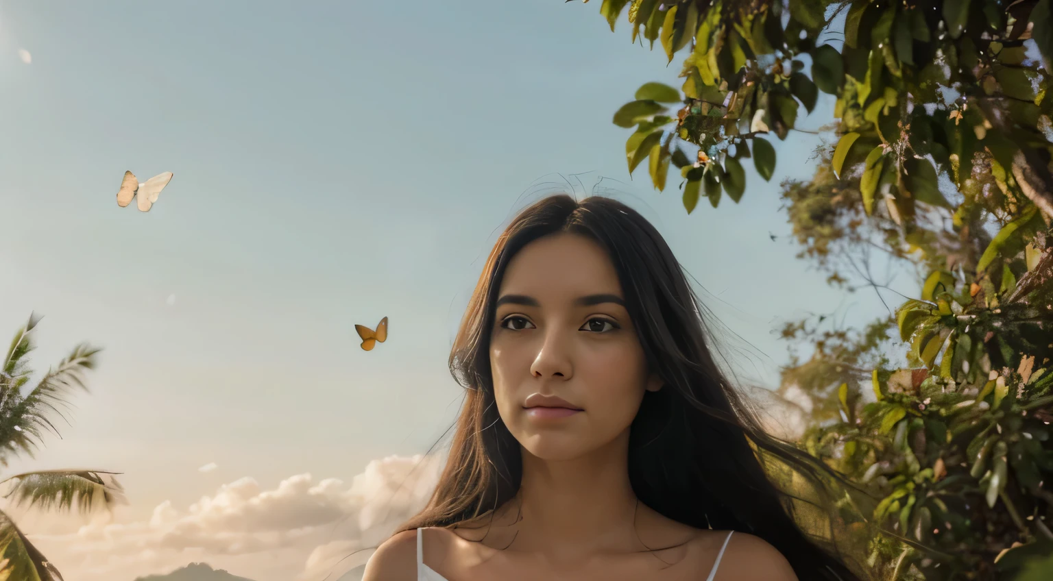 A woman with long black hair stands and looks at the sky,illustration,asas de penas fluindo ao vento,sparkling halo above your head,golden sunlight illuminating your soft features,Ethereal presence,vestido branco flutuante,stunning landscapes in the setting,Butterflies dancing around you,raios sutis de luz perfurando as nuvens,sublime serenidade e tranquilidade,Melhor qualidade,ultra-detalhado,retratos,soft pastel colors,luz difusa suave