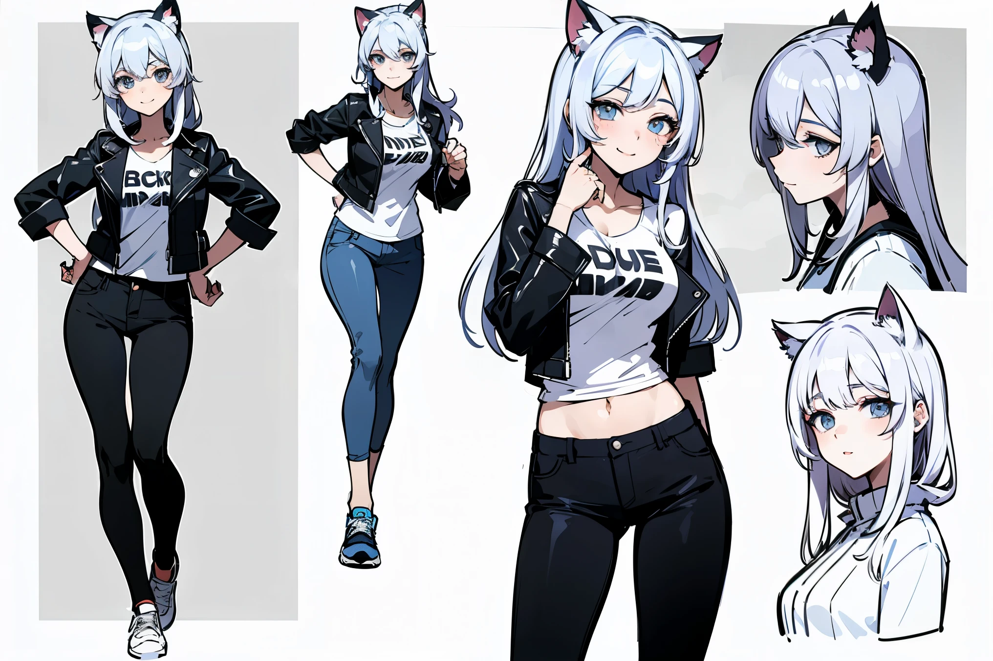 
karapucha Remix Hints Copy hints highest quality, Detailed face, Character Sheet,(((Young woman:1.5))), ((whole body:1.2)), Full of details, Multiple postures and facial expressions, very detailed, Depth, ****ung woman, without bangs, (sky long hair, Gray sexy eyes, Straight hair, cat ears, Blue T-shirt and Leather Jacket looks, medium breasts, High neckline, strap, Suspense, Skinny black jeans, White running shoes, Rocker style, sexy smile and pose,Discolored skin,