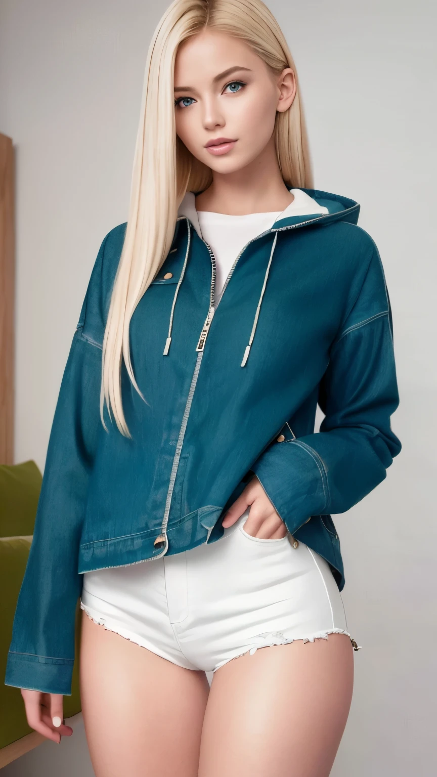 (best quality:1.2,highres,ultra-detailed,realistic:1.3),scandinavian beautiful woman,18 years old, cabello blonde, pale skin, cabello muy largo, beautiful face,white skin,happy, laughing,wide hips,muscular abdomen,green eyes,, hermosas piernas, descalza,waist length hair, very long hair, en la nieve jugando, ropa abrigada, chaleco, jacket,jean shorts