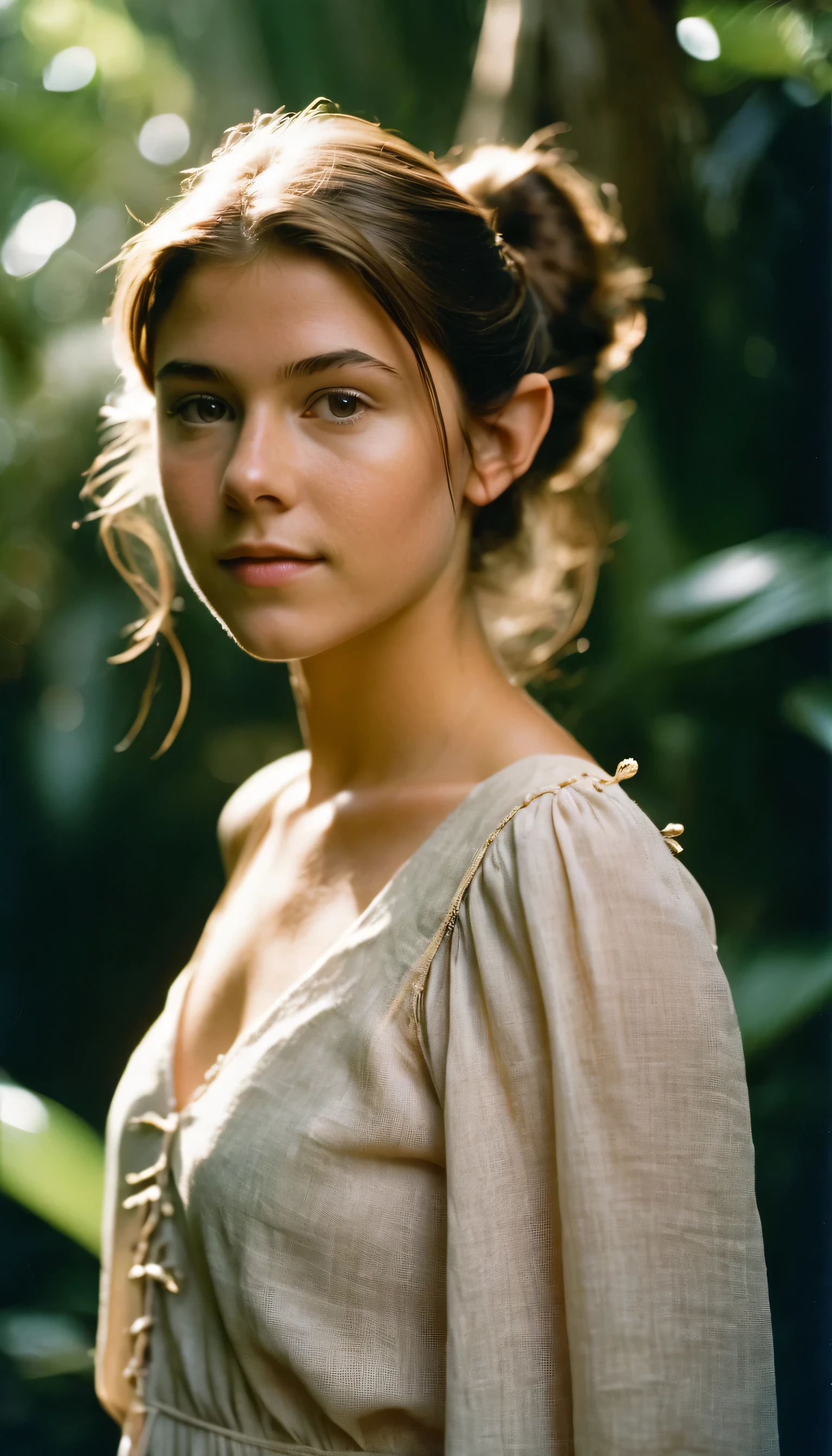 analog film photo, photo of a young girl, 16 years-old, (linen dress:1.1), elf, elf ears, long pointy ear tips, brown eyes, messy ponytail, light-brown sun-tanned skin, pretty, natural beauty, resembles a young Mary Elizabeth Winstead, humid day, tropical rainforest, sweaty glistening off of skin, RAW Photograph, dslr, soft lighting, high quality, film grain, Fujifilm XT3, detailed skin with visible pores, insane details, masterpiece, 8k, 35mm photograph, dslr, kodachrome, faded film, desaturated, 35mm photo, grainy, vintage, Kodachrome, Lomography, stained, highly detailed, found footage, full-body, elven ears