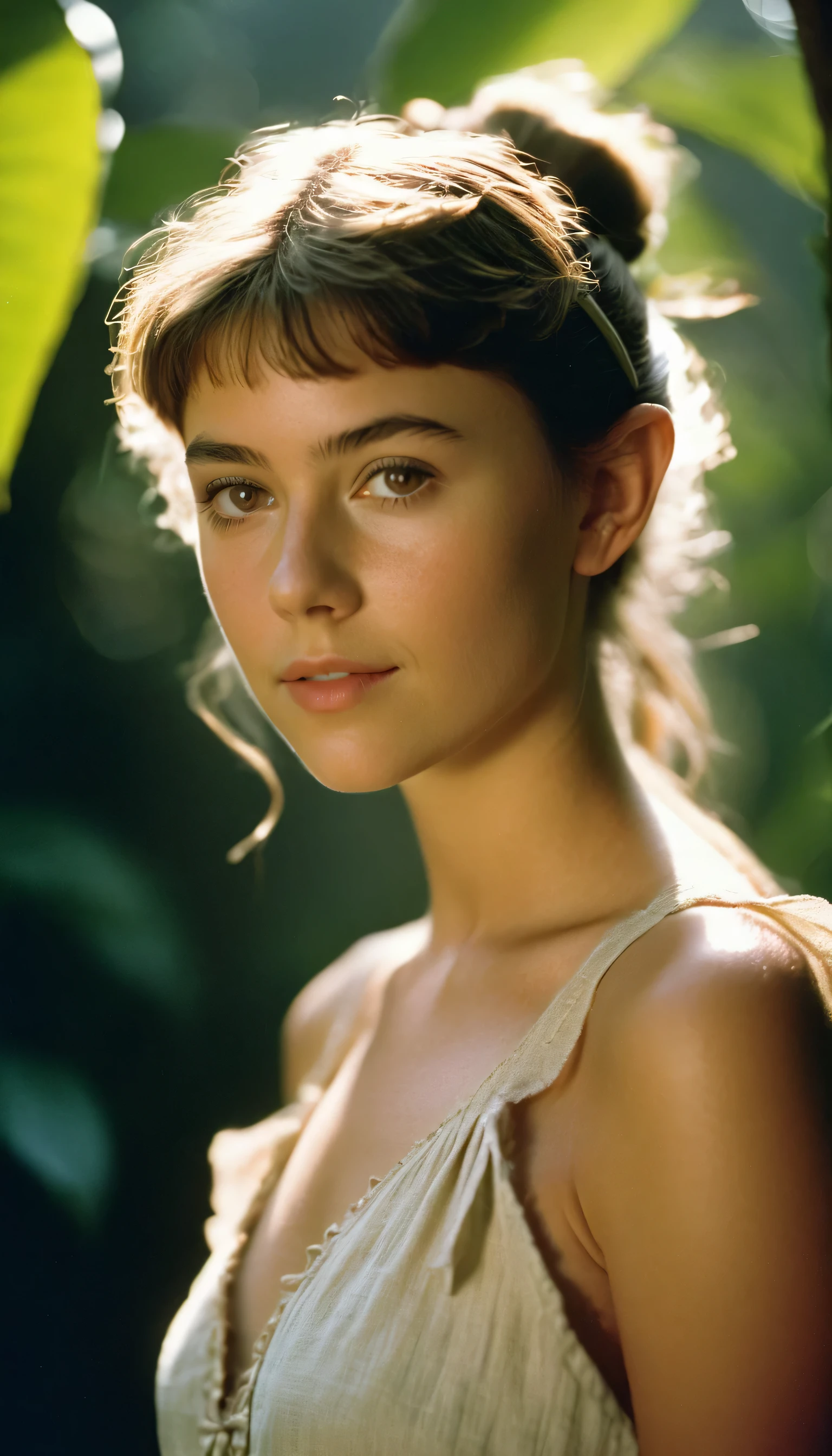 analog film photo, photo of a young girl, -old, (li dress:1.1), elf, elf ears, long pointy ear tips, brown eyes, messy ponytail, light-brown sun-tanned skin, pretty, natural beauty, resembles a young Mary Elizabeth Winstead, humid day, tropical rainforest, sweaty glistening off of skin, RAW Photograph, dslr, soft lighting, high quality, film grain, Fujifilm XT3, detailed skin with visible pores, insane details, masterpiece, 8k, 35mm photograph, dslr, kodachrome, faded film, desaturated, 35mm photo, grainy, vintage, Kodachrome, Lomography, stained, highly detailed, found footage, full-body, elven ears