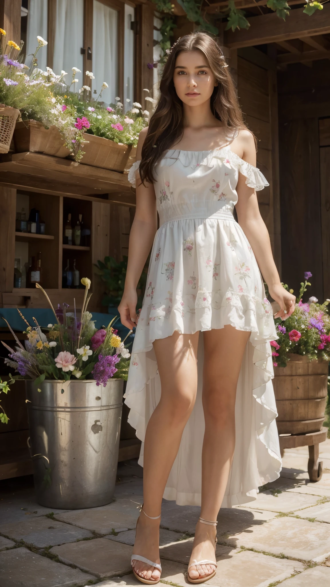 (best quality,4k,highres,masterpiece:1.2),ultra-detailed,(realistic,photorealistic,photo-realistic:1.37),detailed features,soft and delicate skin,mesmerizing eyes,pouty lips,dark and flowy long hair,masculine facial features,fantasy world elements,frilly house dress,colorful floral patterns,sandals,lush green field,vibrant flowers,shopping bucket filled with fresh produce, standing, gentle posture,soft natural lighting