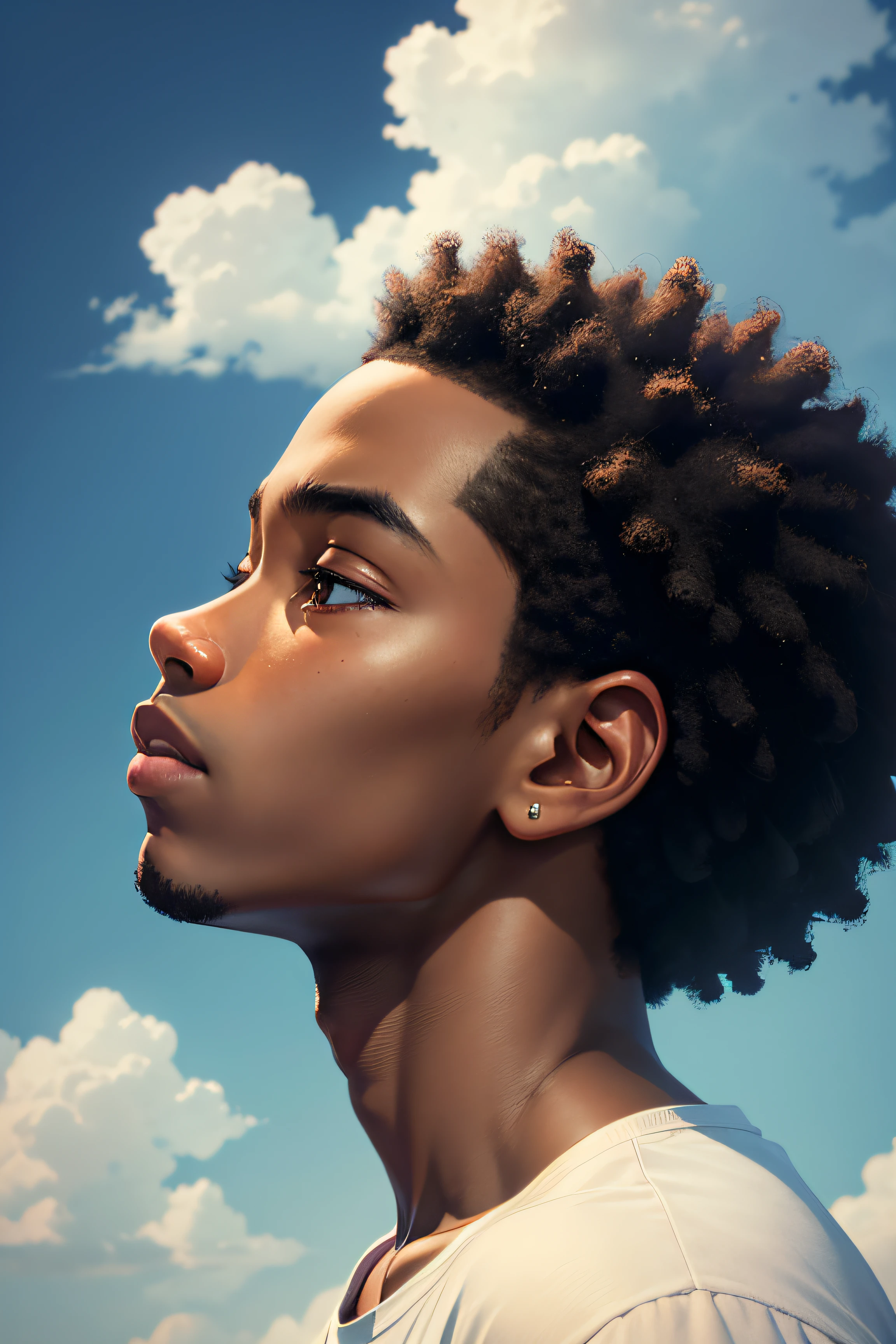 Realistic black boy face in profile looking at the sky in an admiring manner