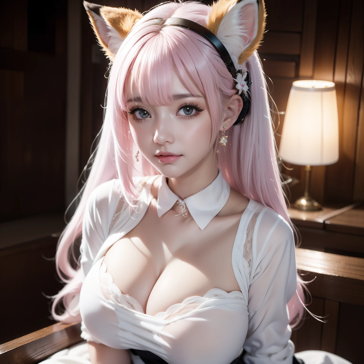 Fox ears pink hair girl,accentuated super huge enormously gigantic tits, cleavage showing, tattoo sleeves and piercings, fluffy fox ears,fox tails,No ears, school girl uniform and school girl skirt ,A beauty with only fox ears,Hair clogs the ears,Fox girl,Fox eyes,Enchanted,Charming,16k, best qualityer, tmasterpiece, 1womanl, solo, mature, Raised sexy, Highly detailed face and eyes, professional make-up, ,, glow moonlight eyes,Fox ears white hair girl