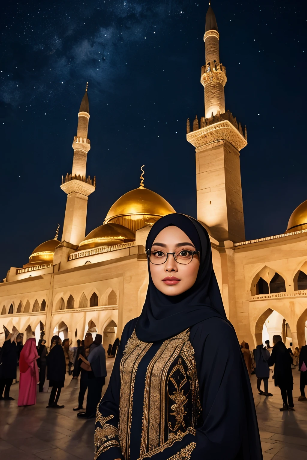 Portrait of a Beautiful 35-Year-Old Indonesian Woman: A Majestic Gathering at a Historic Mosque

Amidst the warm glow of the night sky, a portrait emerges of a stunning 35-year-old Indonesian woman, adorned in a hijab that gracefully frames her radiant face. She dons glasses, adding an intellectual and alluring touch to her appearance. The woman gathers with an assortment of men and women around a magnificent historic mosque, its golden dome shimmering under the soft lights emanating from the night sky. Intricate architectural details adorn the mosque, reflecting a rich cultural heritage that appears more