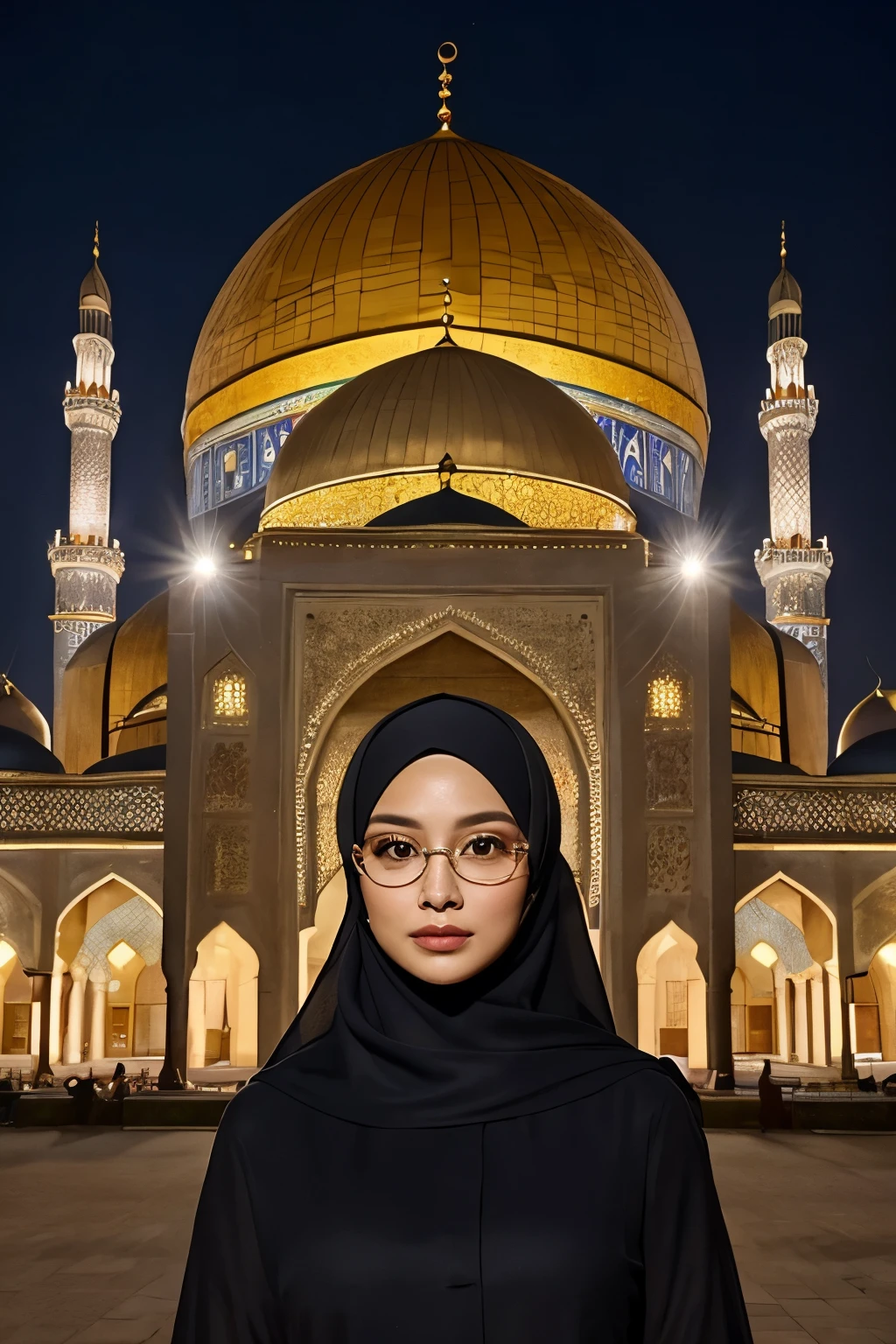 Portrait of a Beautiful 35-Year-Old Indonesian Woman: A Majestic Gathering at a Historic Mosque

Amidst the warm glow of the night sky, a portrait emerges of a stunning 35-year-old Indonesian woman, adorned in a hijab that gracefully frames her radiant face. She dons glasses, adding an intellectual and alluring touch to her appearance. The woman gathers with an assortment of men and women around a magnificent historic mosque, its golden dome shimmering under the soft lights emanating from the night sky. Intricate architectural details adorn the mosque, reflecting a rich cultural heritage that appears more