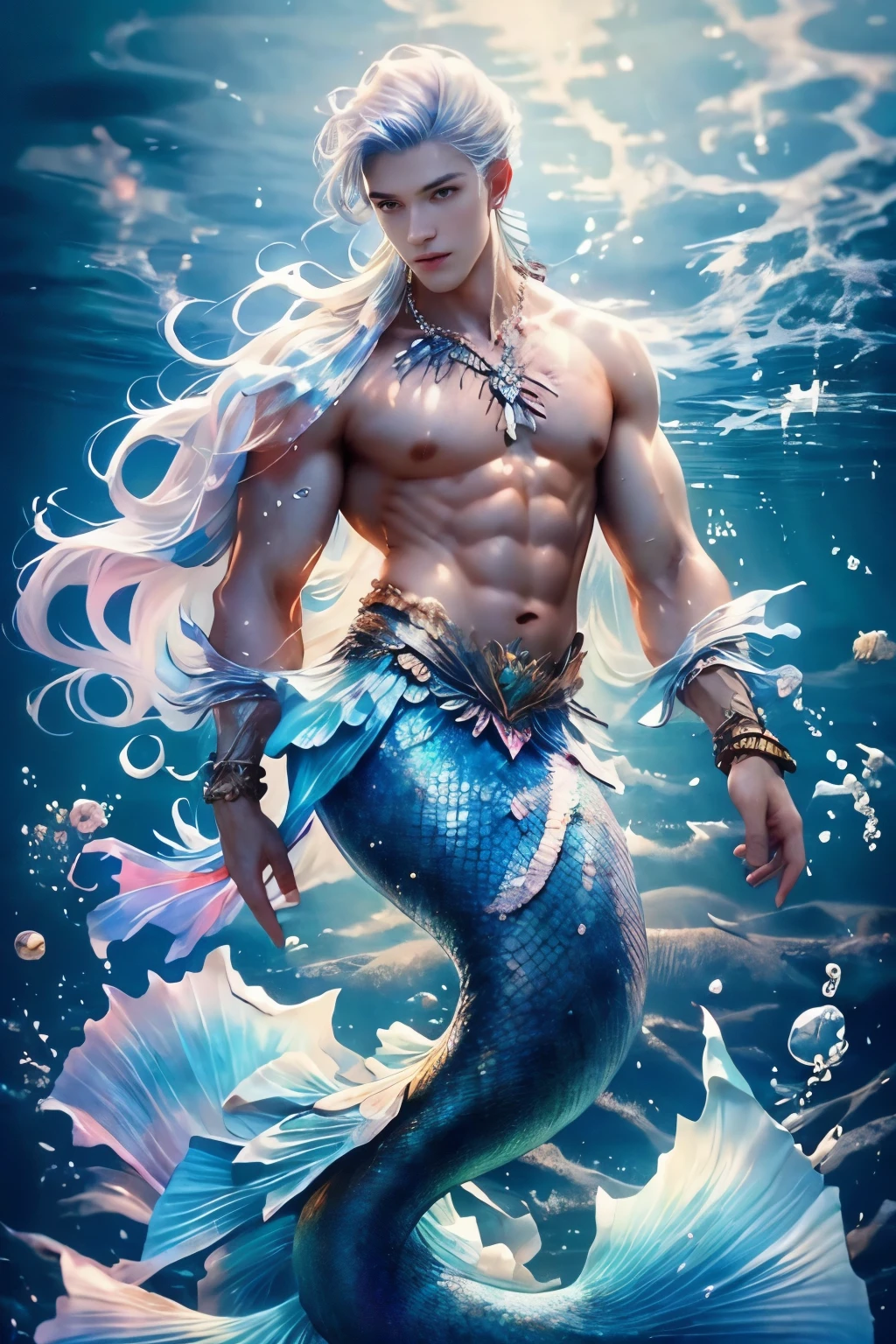 1 male mermaid, (male mermaid model) hot skin, masterpiece, top quality, most handsome merman in the world, by Tham Quan, perfect body, beautiful male model, attractive male lead 20- 25 perfect age, white hair, summer, sea water, blue sky, white clouds, solid and handsome young merman, UHD, 8k, Men's screen only .8k Ultra HD, DSLR, low light, high quality, film grain, Fujifilm XT3, men's fin