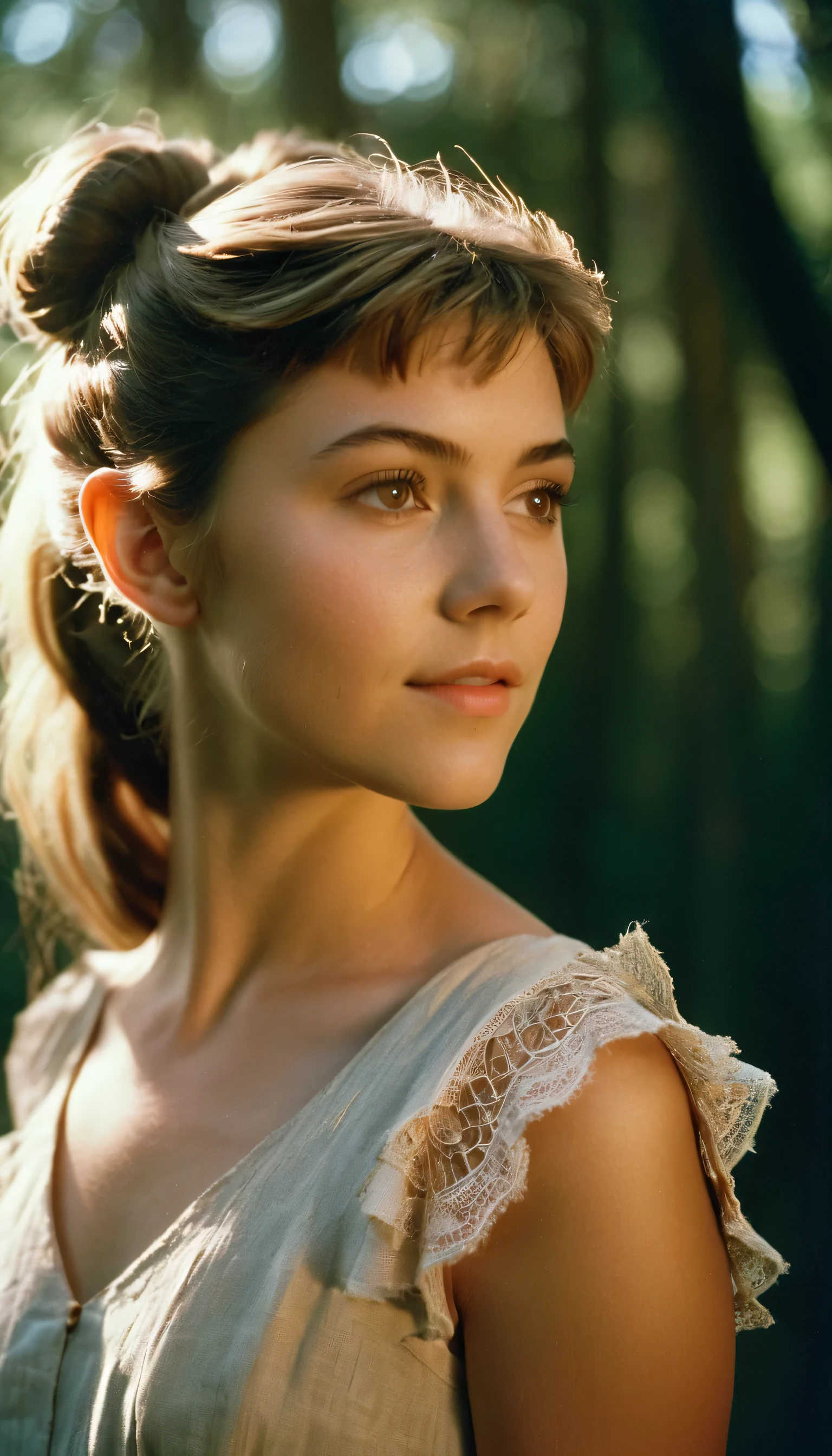 analog film photo, photo of a young girl, 18 years-old, (linen dress:1.1), elf, elf ears, long pointy ear tips, brown eyes, messy ponytail, light-brown sun-tanned skin, pretty, natural beauty, resembles a young Mary Elizabeth Winstead, humid day, elven forest, sweaty glistening off of skin, RAW Photograph, dslr, soft lighting, high quality, film grain, Fujifilm XT3, detailed skin with visible pores, insane details, masterpiece, 8k, 35mm photograph, dslr, kodachrome, faded film, desaturated, 35mm photo, grainy, vintage, Kodachrome, Lomography, stained, highly detailed, found footage, full-body, elven ears