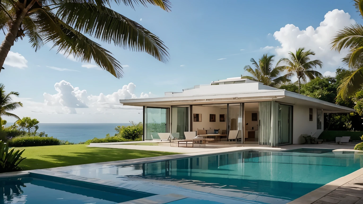 The image shows a modern and luxurious visual representation associated with Psalm 23, one of the chapters of the Bible. The scene illustrates a contemporary glass house with an elegant design, located on a tropical island paradise. The house is surrounded by vegetation, and appears to be well integrated into the environment. There is a pool or body of water that surrounds the building, whose lighting makes the water appear a luminous turquoise blue, suggesting a peaceful and remote setting. The text in the image says "PSALM 23" in large letters and, just below, "ABUNDANCE & PROSPERITY". This indicates that the image is likely used as a visual means of conveying the message of hope and faith, suggesting that Psalm 23 is associated with these concepts of well-being and success. This Psalm is known for being an expression of trust in divine providence and protection, often associated with the idea of peace and comfort that God offers to the faithful.