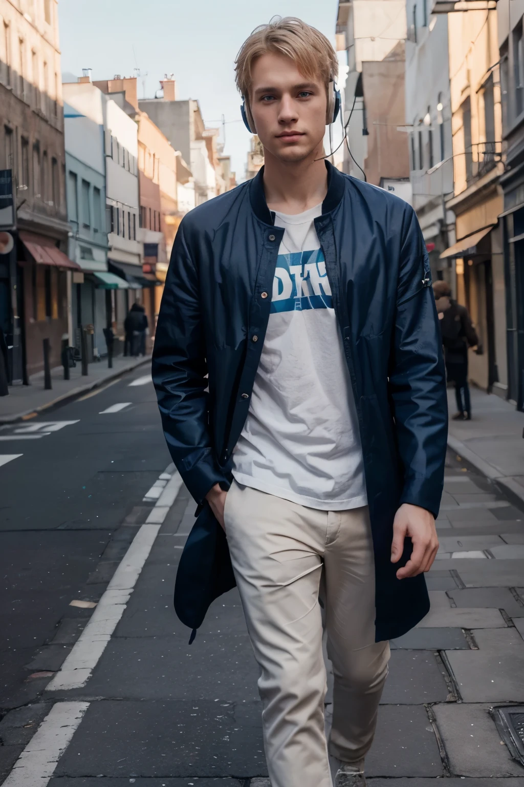 Detailed CG Unity 8K Wallpapers,masutepiece, Best Quality, Ultra-detailed), 25-year-old man walking in a street, 25 year old male, blond hair, blue eyes, pale skin, colorful clothes, Headphones, masculine posture