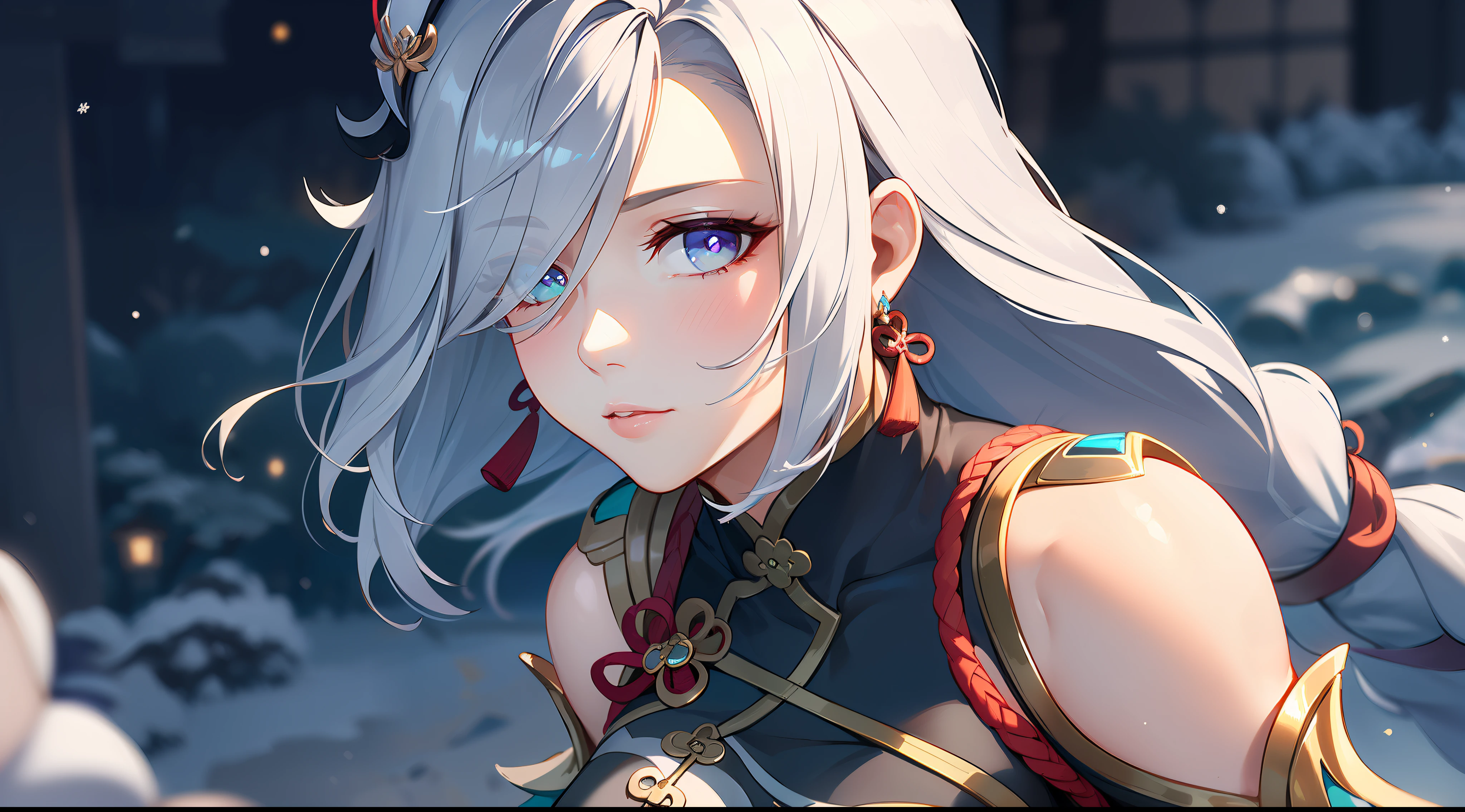 shenhedef, upper body, seductive look, blush, outdoors, snowflake scenery, looking at viewer, cloudy, moody lighting, (perfect detail eyes:1.2), glowing eyes, (long hair one braid:1.2), elemental skill effect, (Masterpiece, Best Quality, High Quality:1.4), professional artwork, Intricate Details, field of view, sharp focus, detailed painting, photorealistic lighting, trending on pixiv, (vivid lighting, vibrant colors:1.05), realistic shadows, ambient occlusion, (athletic body:1.3), mature woman, 30yo,