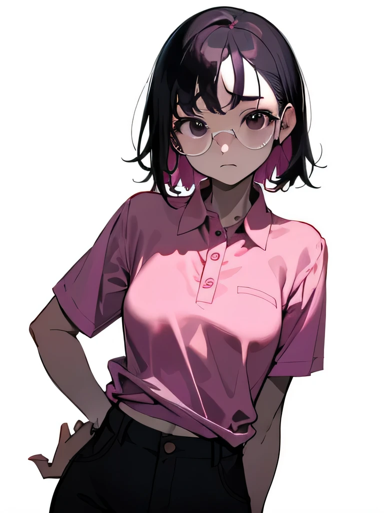 40'Thin magenta polo shirt, no bra, lower body, Japanese, very short, no pubic hair, embarrassed, shy, worried, beautiful, glasses, completely naked