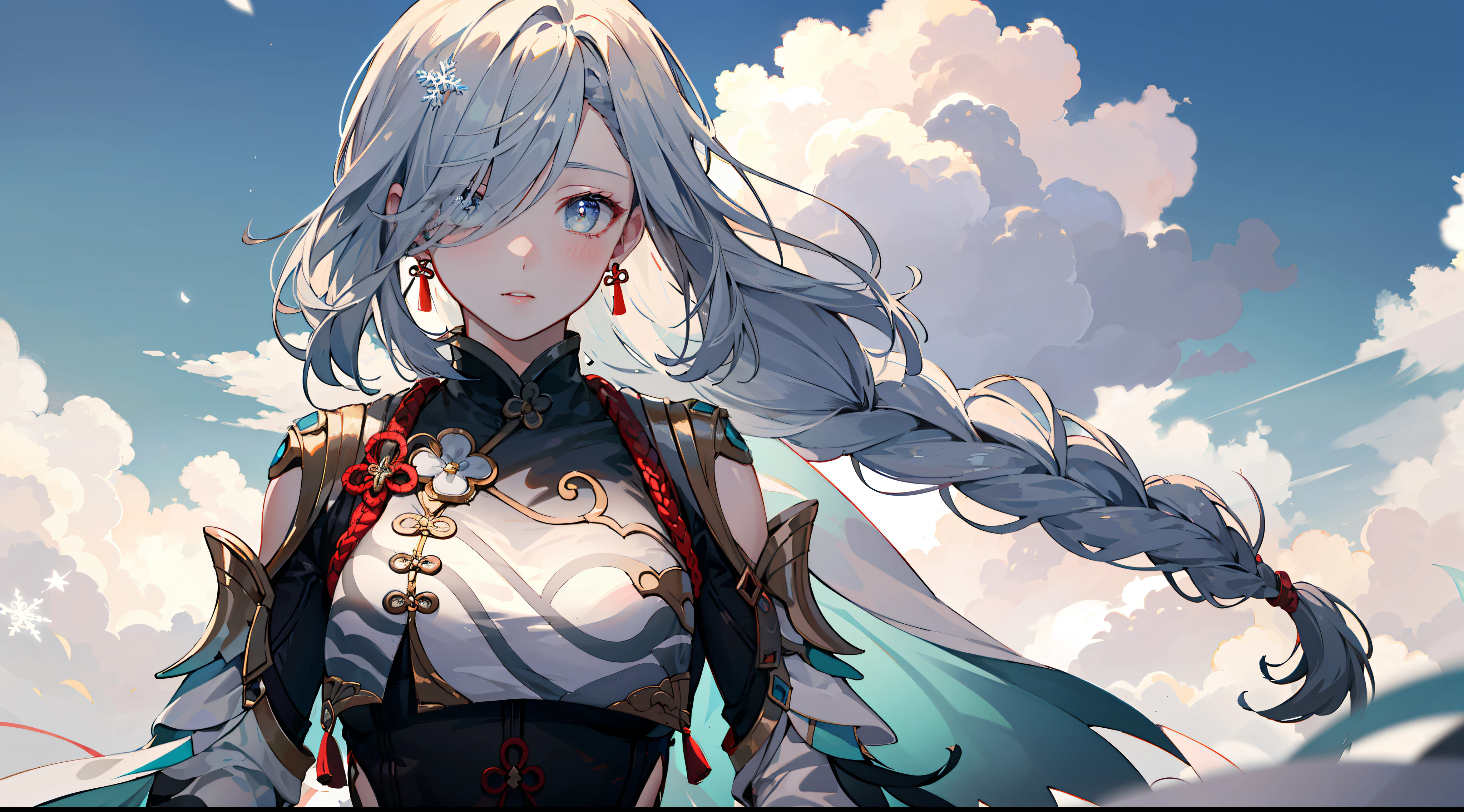 shenhedef, upper body, seductive look, blush, outdoors, snowflake scenery, looking at viewer, cloudy, moody lighting, (perfect detail eyes:1.2), glowing eyes, (long hair one braid:1.2), elemental skill effect, (Masterpiece, Best Quality, High Quality:1.4), professional artwork, Intricate Details, field of view, sharp focus, detailed painting, photorealistic lighting, trending on pixiv, (vivid lighting, vibrant colors:1.05), realistic shadows, ambient occlusion, (athletic body:1.3), mature woman, 30yo,