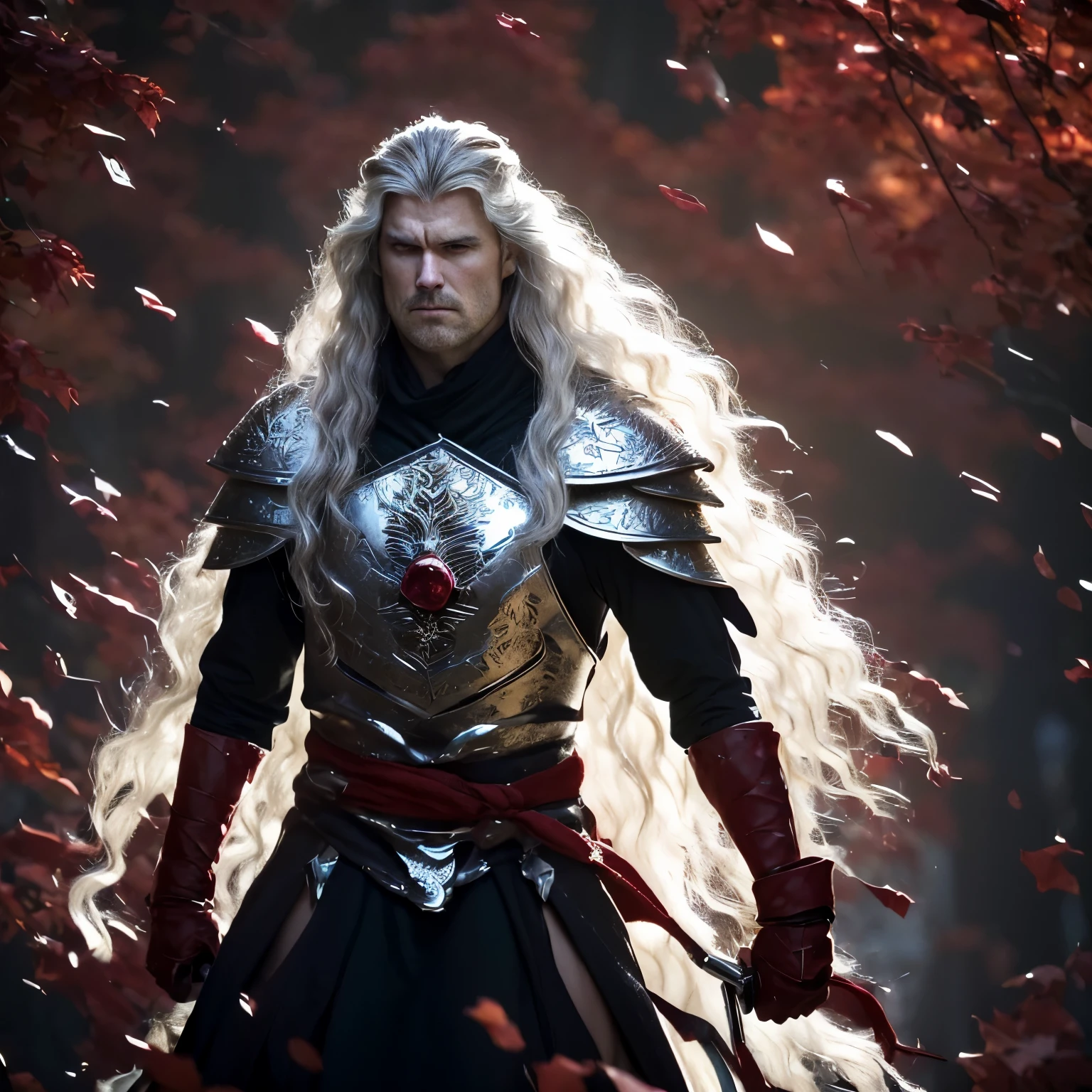 Create an AI-generated image depicting the climactic duel between Rhaegar Targaryen, the Crown Prince of the Seven Kingdoms, and Robert Baratheon, the rebel lord, during the Battle of the Trident. Show Rhaegar and Robert locked in single combat, their weapons clashing amidst the chaos of the battlefield. Rhaegar, clad in his rubies-encrusted silver armor, stands with regal grace, his silver-gold hair flowing behind him as he wields his longsword with precision. His violet eyes reflect determination as he faces off against his formidable opponent. Robert Baratheon, towering over Rhaegar with his impressive height and muscular build, swings his warhammer with lethal intent. Show the weapon crashing down with thunderous force, smashing through Rhaegar's armor and delivering a fatal blow. Capture the tension and intensity of the moment as Rhaegar staggers backward, his once-proud armor rent asunder and blood staining his silver-gold hair. His violet eyes reflect the stark realization of his mortality as he collapses to the ground, his life extinguished by the force of Robert's blow. In the background, depict the battlefield engulfed in chaos, with armies clashing and banners fluttering in the wind. Let the scene convey the magnitude of Rhaegar's fall, signaling the end of an era and the dawn of a new age in Westerosi history. Overall, create an immersive and dramatic image that captures the pivotal moment of Rhaegar Targaryen's death, leaving an indelible mark on the hearts and minds of those who witnessed his fall.
