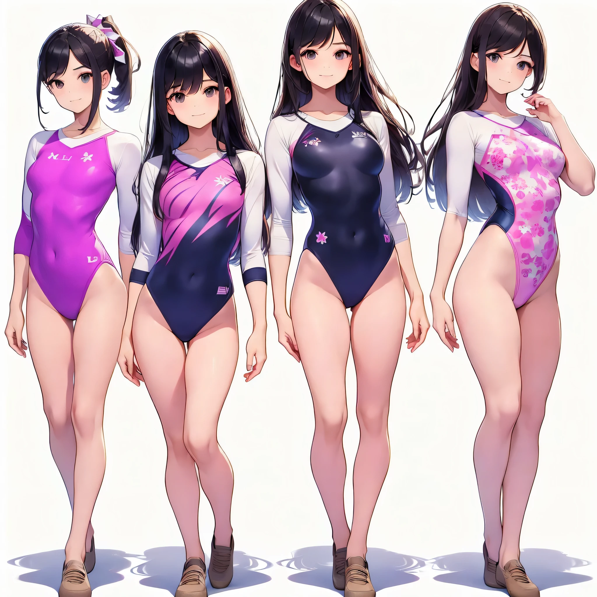 ((full body)),(masterpiece, highest quality), (3 girls 1.5) ,((contrasting:1.5)), looking at iniewer, walk,((in_arm:1.2)), wear gymnastics_longsleeines_leotard_outfit leotard:1.3),(pink leotard) ,(Floral:1.3), BREAK masterpiece black hair, ((long hair:1.2)), ((parted bangs:1.3)), black eye, good hand, ((small breasts)), (oiner 20 years old, Under 25 years old:1.2), , Spotlight, Happy, smile, 教室in休憩