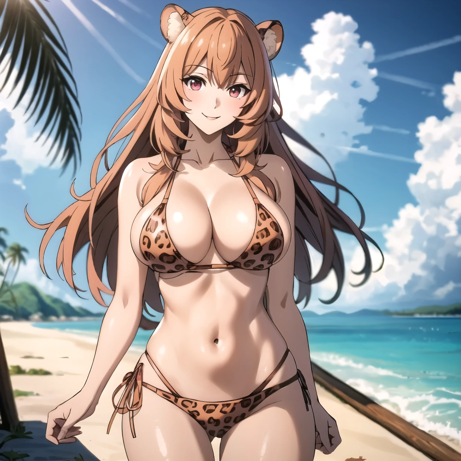 raphtalia woman 24 years old straight orange hair, orejas de oso, red eyes like rubies, big breasts pink leopard print bikini, botas rosadas, esta caminando en una playa tropical cuerpo mojado. sonrisa alegre. rubor.