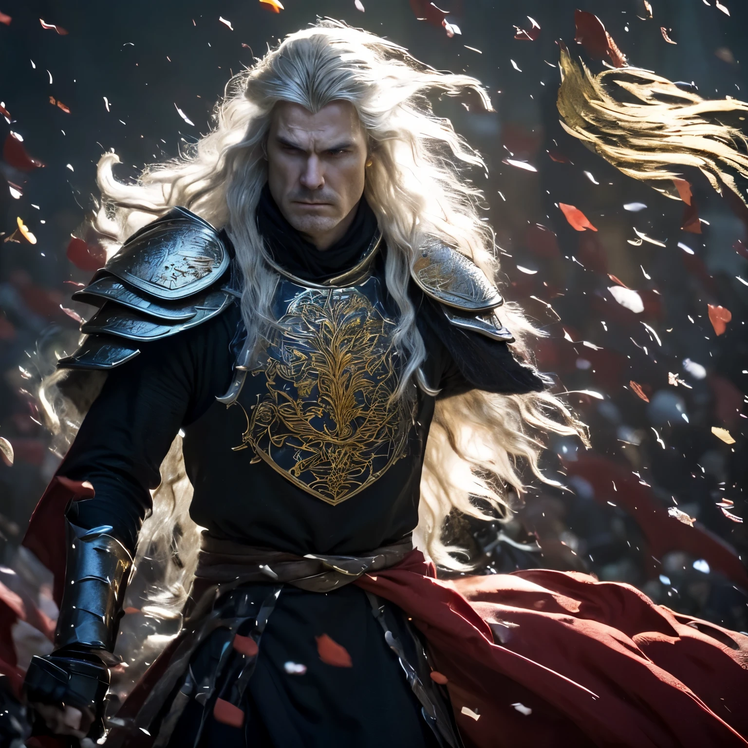 Create an AI-generated image depicting the climactic duel between Rhaegar Targaryen, the Crown Prince of the Seven Kingdoms, and Robert Baratheon, the rebel lord, during the Battle of the Trident. Show the weapon crashing down with thunderous force, smashing through Rhaegar's armor and delivering a fatal blow. Capture the tension and intensity of the moment as Rhaegar staggers backward, his once-proud armor rent asunder and blood staining his silver-gold hair. His violet eyes reflect the stark realization of his mortality as he collapses to the ground, his life extinguished by the force of Robert's blow. In the background, depict the battlefield engulfed in chaos, with armies clashing and banners fluttering in the wind. Let the scene convey the magnitude of Rhaegar's fall, signaling the end of an era and the dawn of a new age in Westerosi history. Overall, create an immersive and dramatic image that captures the pivotal moment of Rhaegar Targaryen's death, leaving an indelible mark on the hearts and minds of those who witnessed his fall. 
