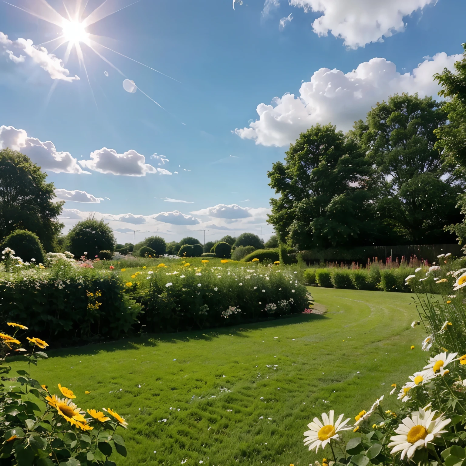 Garden with flowers roses and daisies sky with sun 