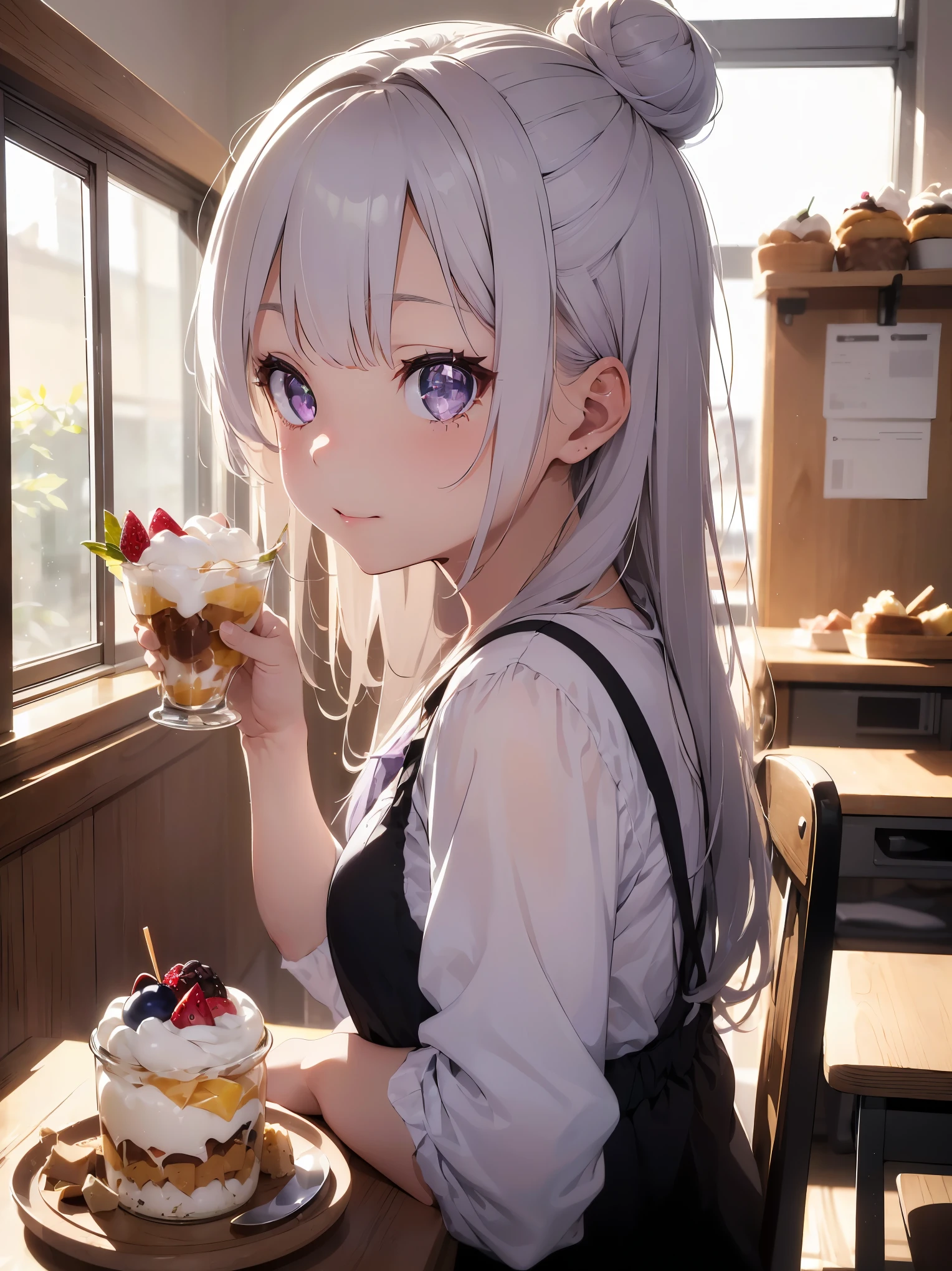 Masterpiece, best quality, aesthetic sense, high resolution, beautiful woman drawn in the finest detail, in a shopping mall, parfait on a table, sitting on a chair, eating, shirt, skinny jeans, silver bob hair, blue eyes woman