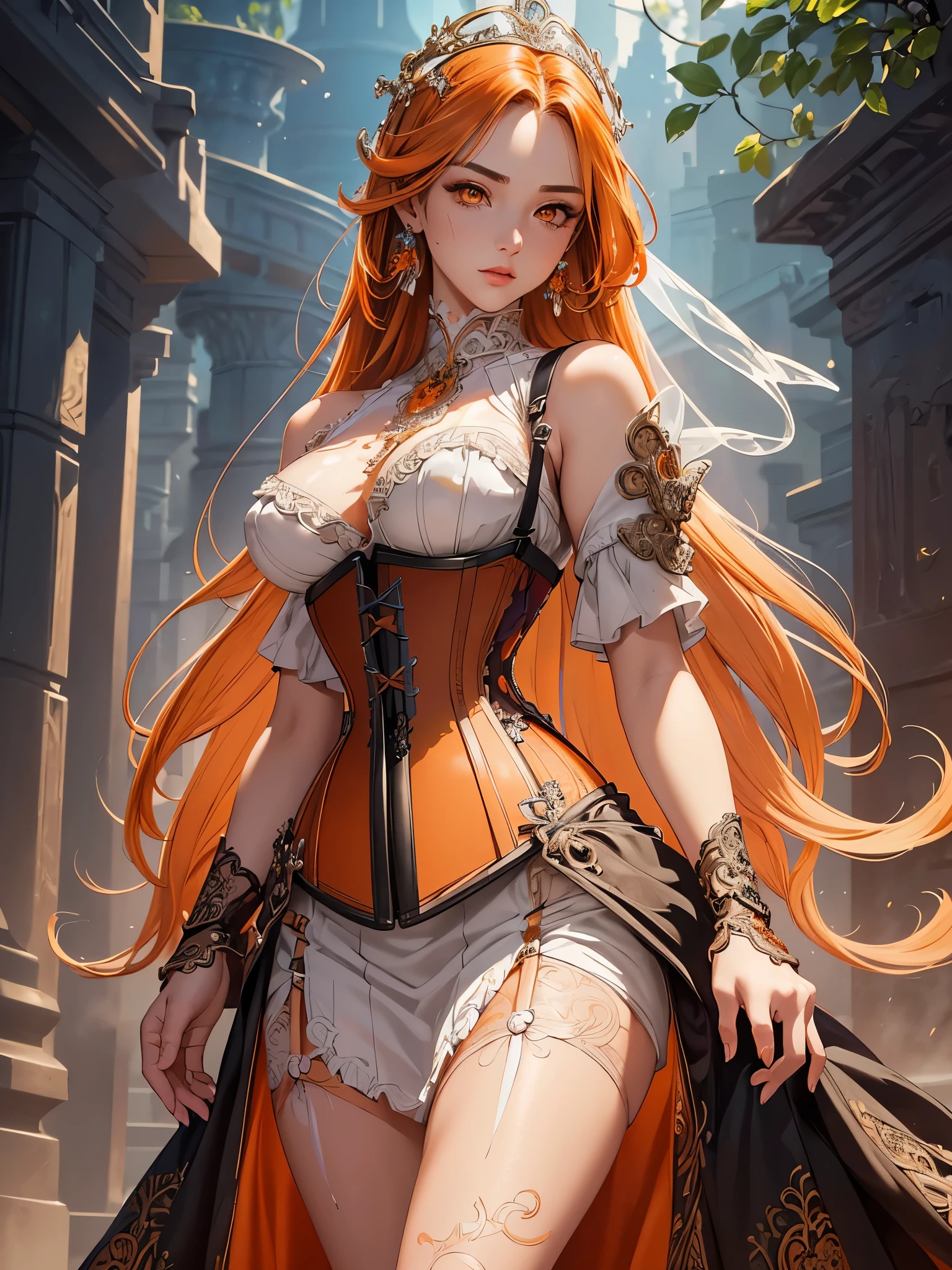 ((highest quality)),(ultra high resolution),(Super detailed),(detailed description),((best CG)),(best work of art),super precision art,amazing drawing art,(Fantasy art with precise details:1.5), (adult women:1.6),(beautiful and well-shaped face:1.5),(face over shoulder:1.7),(clear orange eyes:1.6),(Gradient long hair with precise and detailed depiction:1.6),(Corset dress with intricate details:1.7),Sparkling jewel tiara:1.7,earrings:1.5, A garden full of pretty flowers