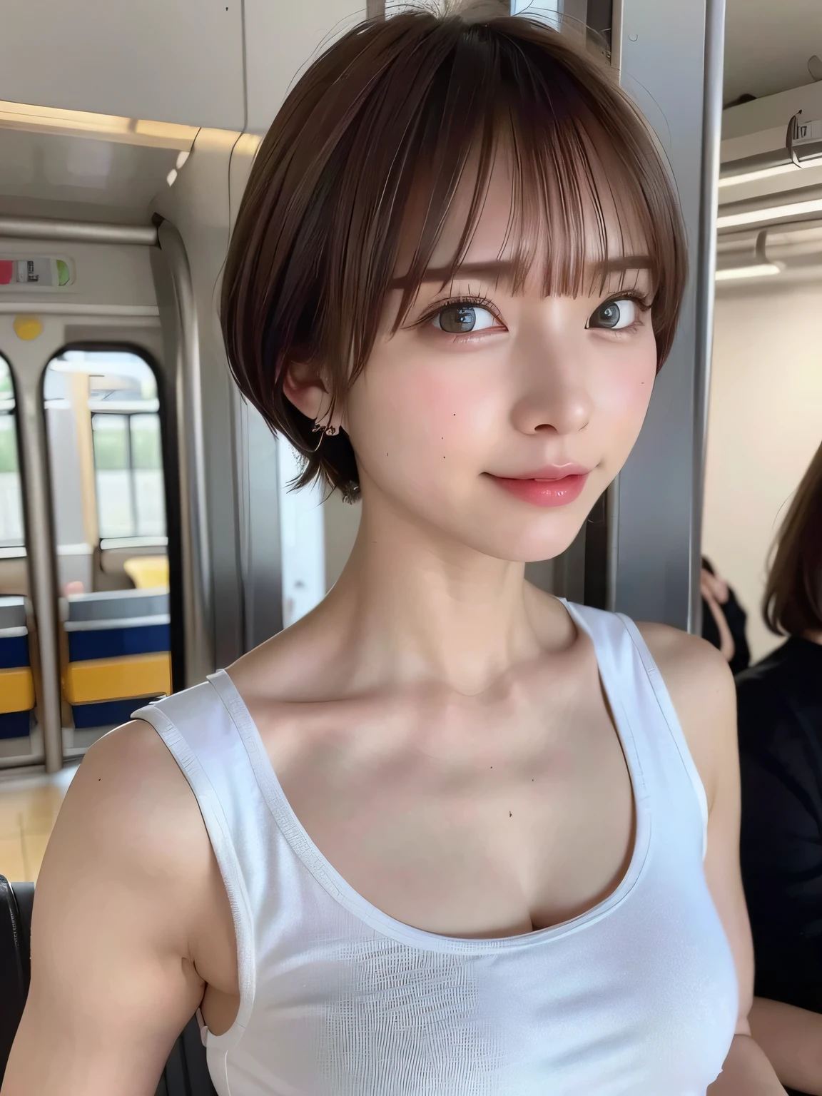 ((highest quality))、(masterpiece:1.4)、Raw photo、8K、((best image quality))、 ((highest resolution))、ultra fine photo、delicate face、Beautiful face in every detail、very detailed、(one woman:1.3)、realistic、(cute woman:1.3)、(short hair、disappoint one&#39;bangs)、(Beautiful woman)、(small face:1.3)、((long neck))、necklace、bracelet、(big breasts:1.5)、((crowded train))、Tank top、Breast flick