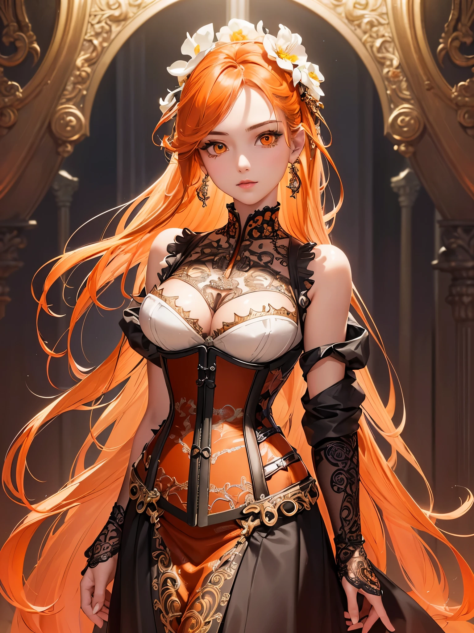 ((highest quality)),(ultra high resolution),(Super detailed),(detailed description),((best CG)),(best work of art),super precision art,amazing drawing art,(Fantasy art with precise details:1.5), (adult women:1.6),(beautiful and well-shaped face:1.5),(face over shoulder:1.7),(clear orange eyes:1.6),(Gradient long hair with precise and detailed depiction:1.6),(Corset dress with intricate details:1.7),Sparkling jewel tiara:1.7,earrings:1.5, A garden full of pretty flowers