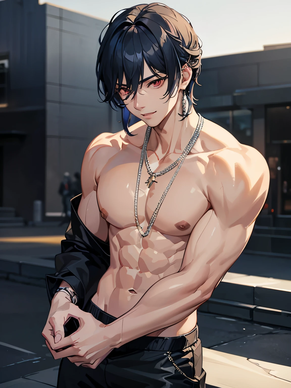1boy, Beautiful boy, Body Length 180, 20 years old, (black short hair, Street hairstyle) , ((red eyes)), realistic eyes, beautiful and sharp eyes), Men's Clothing, Simple keel, muscles, (8k wallpaper), (street background) 8k, Quilty Altitude, Realistic, Beautiful realism, outstanding detail, RAW photo, Realistic clothes, Black hair, realistic hair, realistic eyes, Light and cool lighting, realistic photo, Cel shaded, Gel lighting, ultra-detail, anime style, hot anime boy, hot pose, beautiful anime boy with muscles, shirt off, sexy pose, cute hot smile, pretty smile 