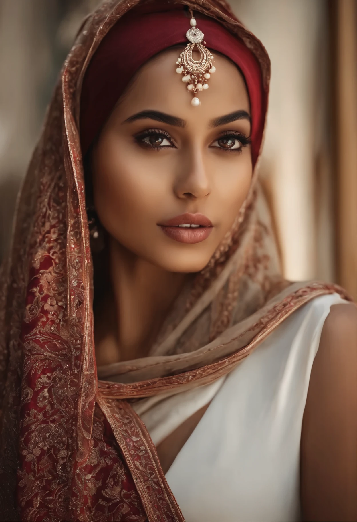 Femme latino et suédoise, fille sexy aux yeux noirs, ultra realistic, meticulously detailed, Portrait de Sophie Mudd, porte un hijab complexe noué autour de sa tête, with patterns and colors that stand out, dominated by shades of red and brown. et grands yeux, selfie d'une jeune femme, Maldives, suite noire, avec du maquillage, maquillage naturel, regarder directement la caméra , visage avec artgram, maquillage subtil, Superbe photo de tout le corps dans la rue, aux Maldives, Medium to large bust, in elegant attire, She is dressed in a beige-colored top with a high collar and long sleeves.