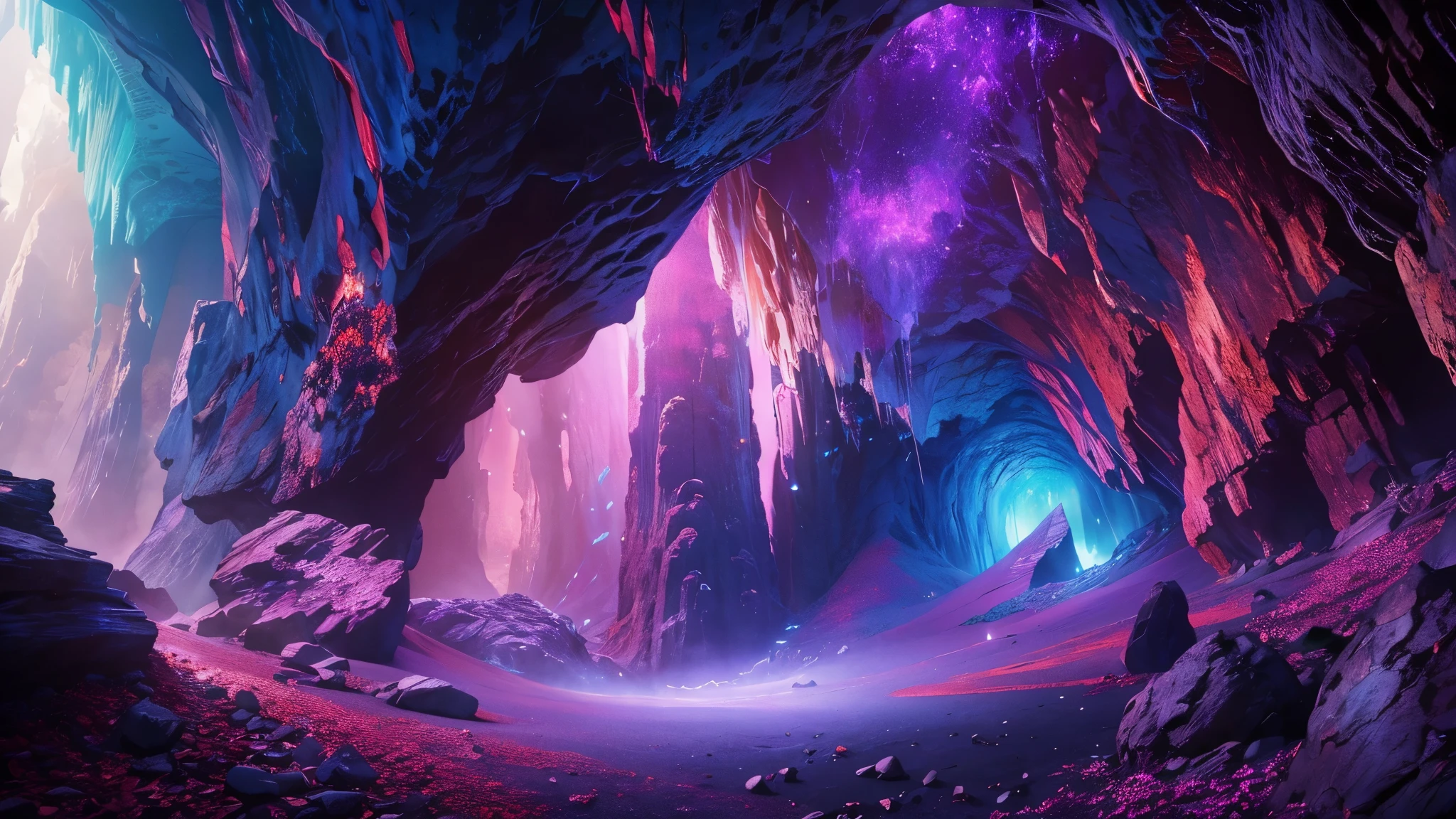 (best quality, 8k, panoramic view, masterpiece) cave ceiling breaking, mystical atmosphere, sparkling crystals, jewel tones, ethereal glow, compressed cave,