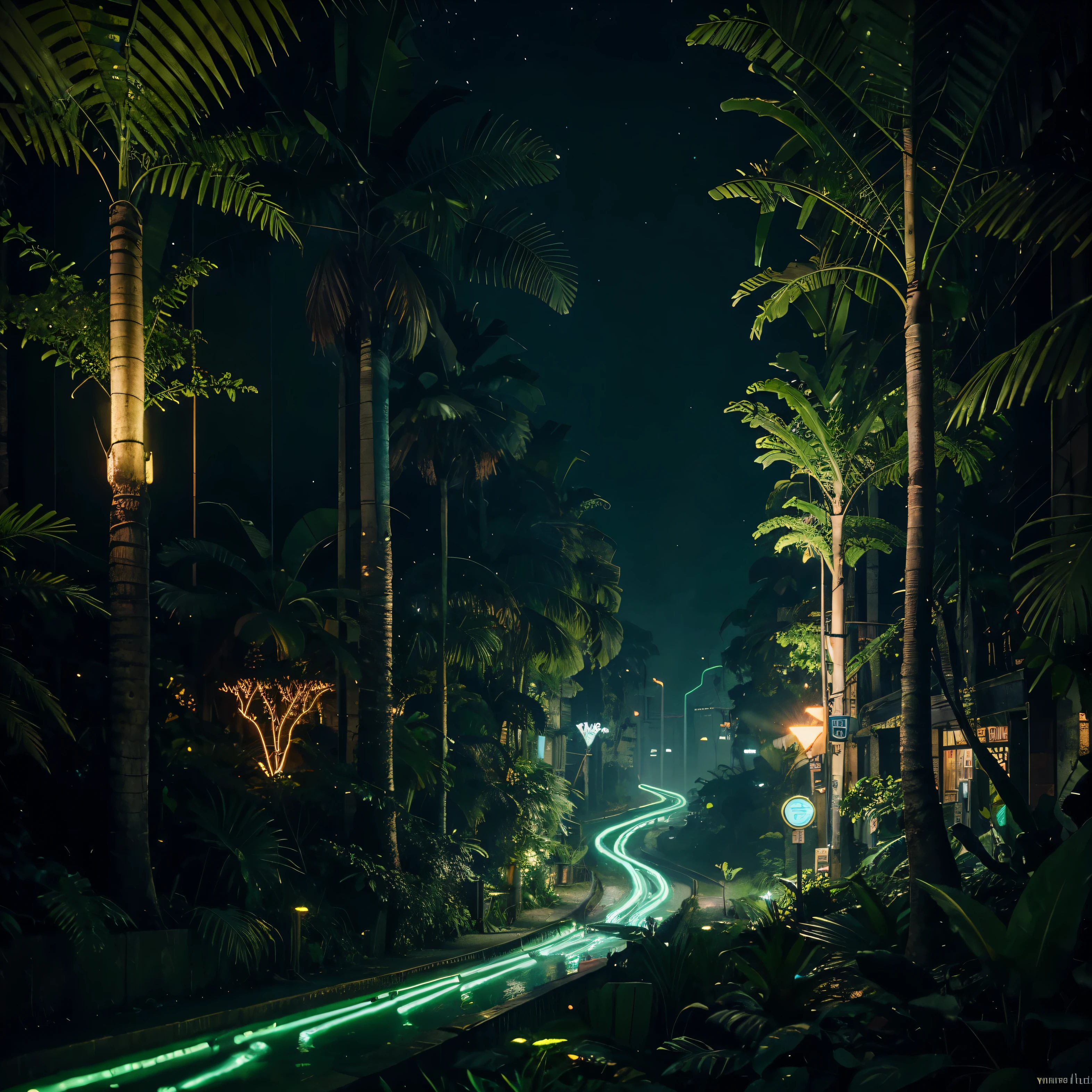 A neon-lit jungle with glowing flora and fauna, where the trees are circuit boards and the rivers flow with liquid light. Raypunk world