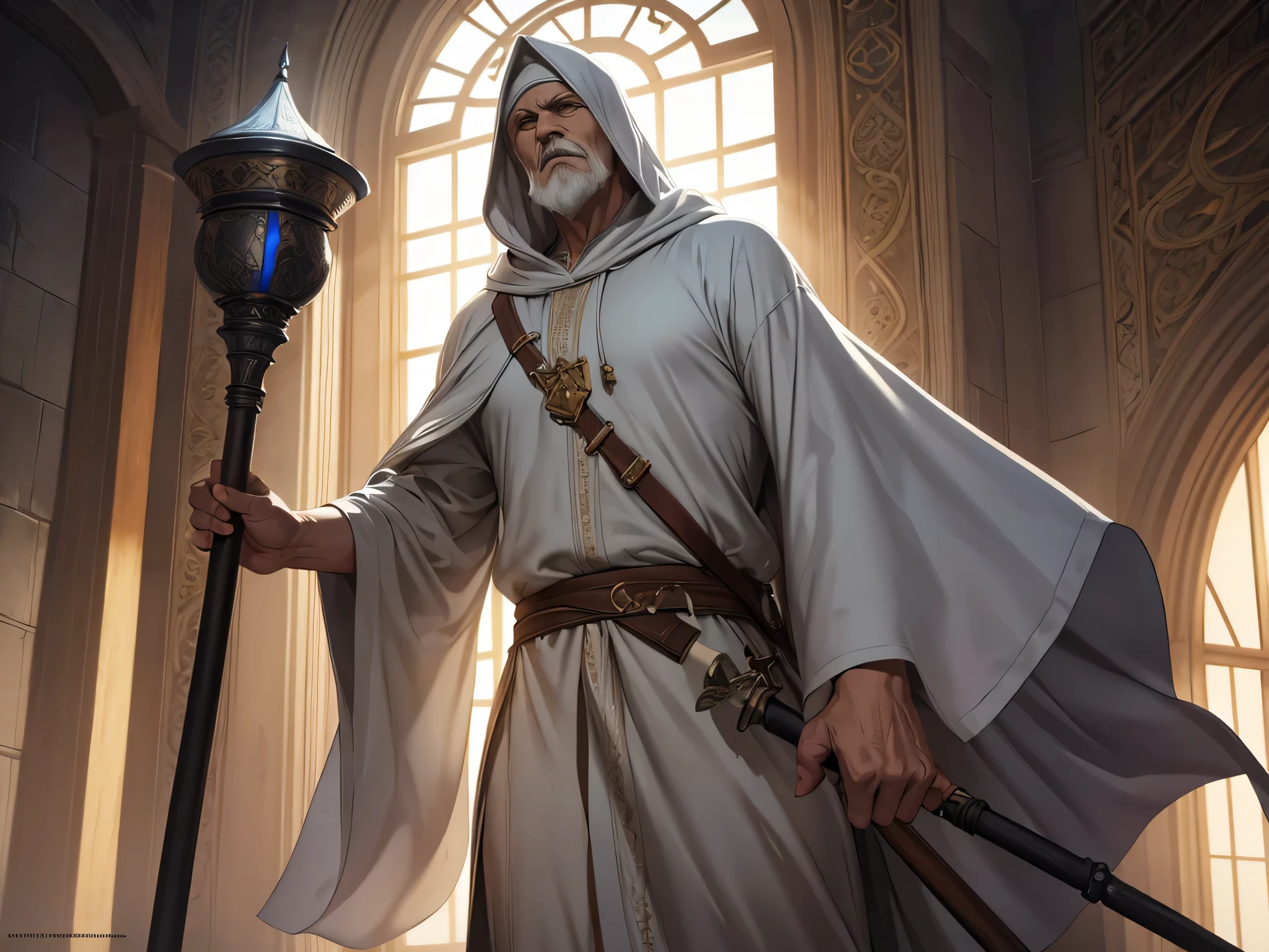 super fine illustration, Ultra high resolution, obra de arte, Mais alta qualidade, Perfect Lighting, Specific Lighting, dramatic shadow, rastreamento de raio, de um velho, Arabic features, Dress in a white tunic, capuz levantado, escondendo o rosto, segurando um cajado, mystical appearance
